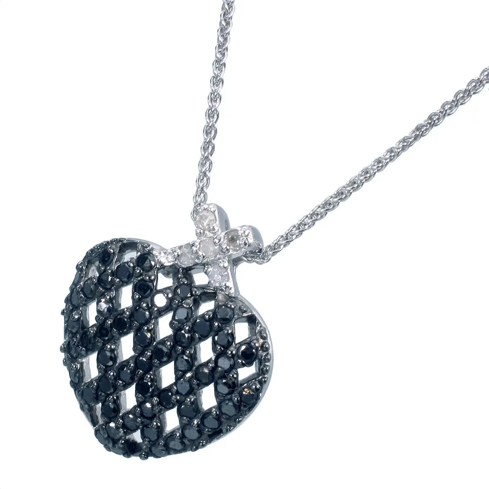 0.85 cttw Black and White Diamond Heart Pendant .925 Sterling Silver With Chain