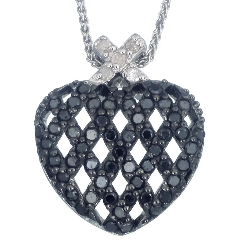 0.85 cttw Black and White Diamond Heart Pendant .925 Sterling Silver With Chain