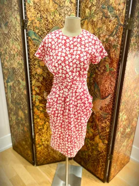 1980s Red & White Leaves 40s Style Dress