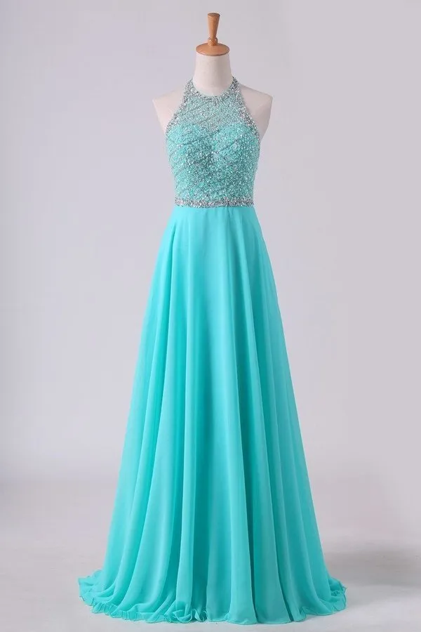 2024 Open Back A Line Prom Dresses Halter Beaded Bodice Sweep Train Chiffon & PA7KM6T5