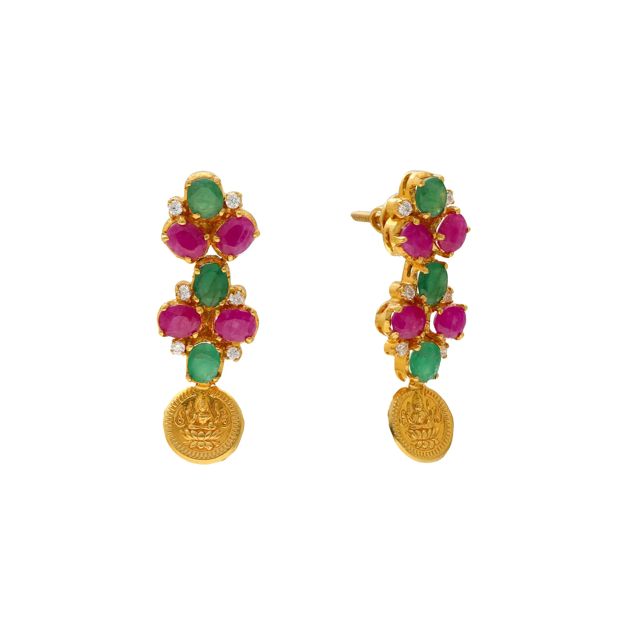 22K Yellow Gold, Emerald & Ruby Earrings (11gm)