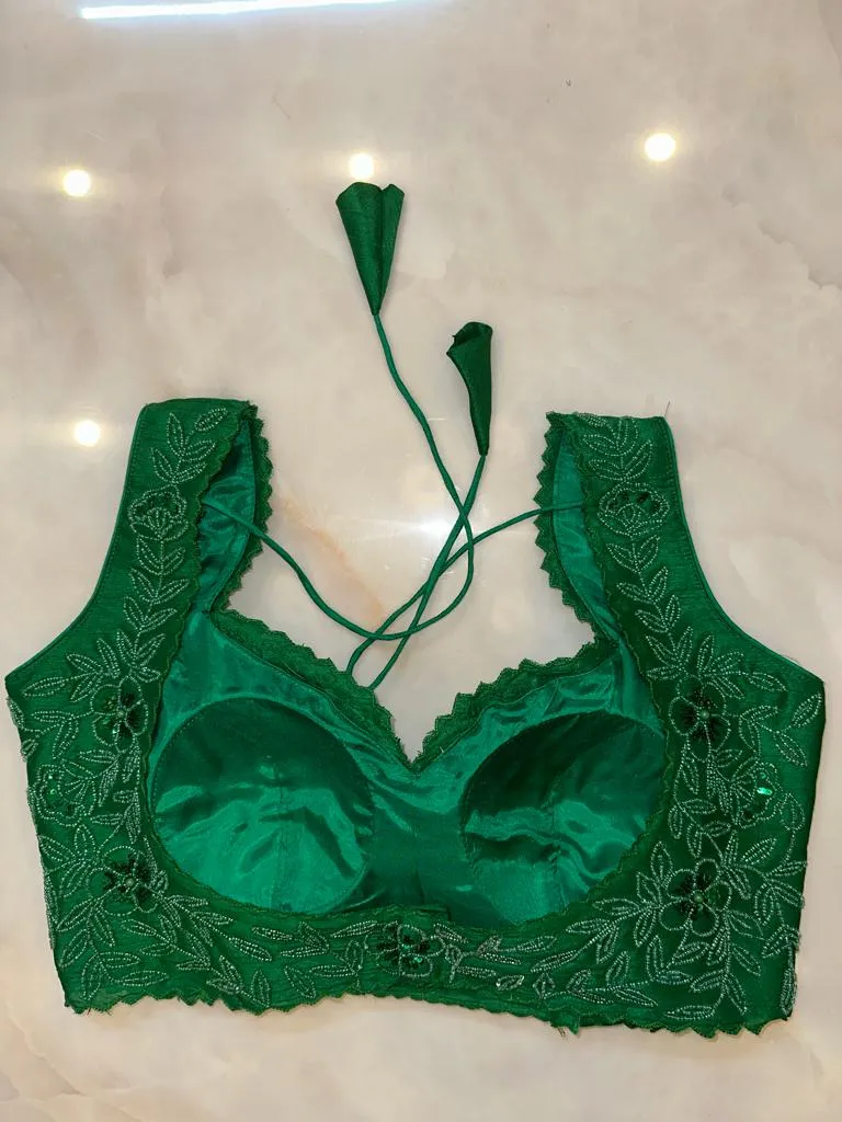 50V501-RO Green Hand Embroidered Sleeveless Saree Blouse