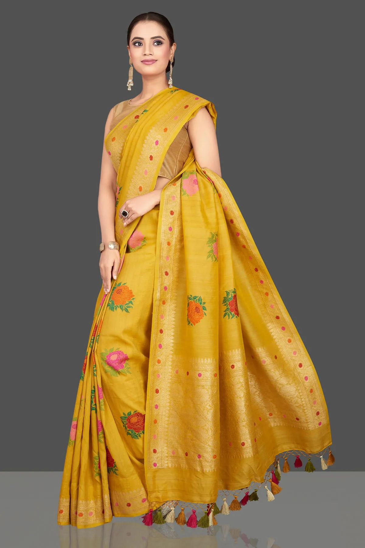 90K561-RO Yellow Tussar Georgette Sari with Floral Weave Buta and Zari Border