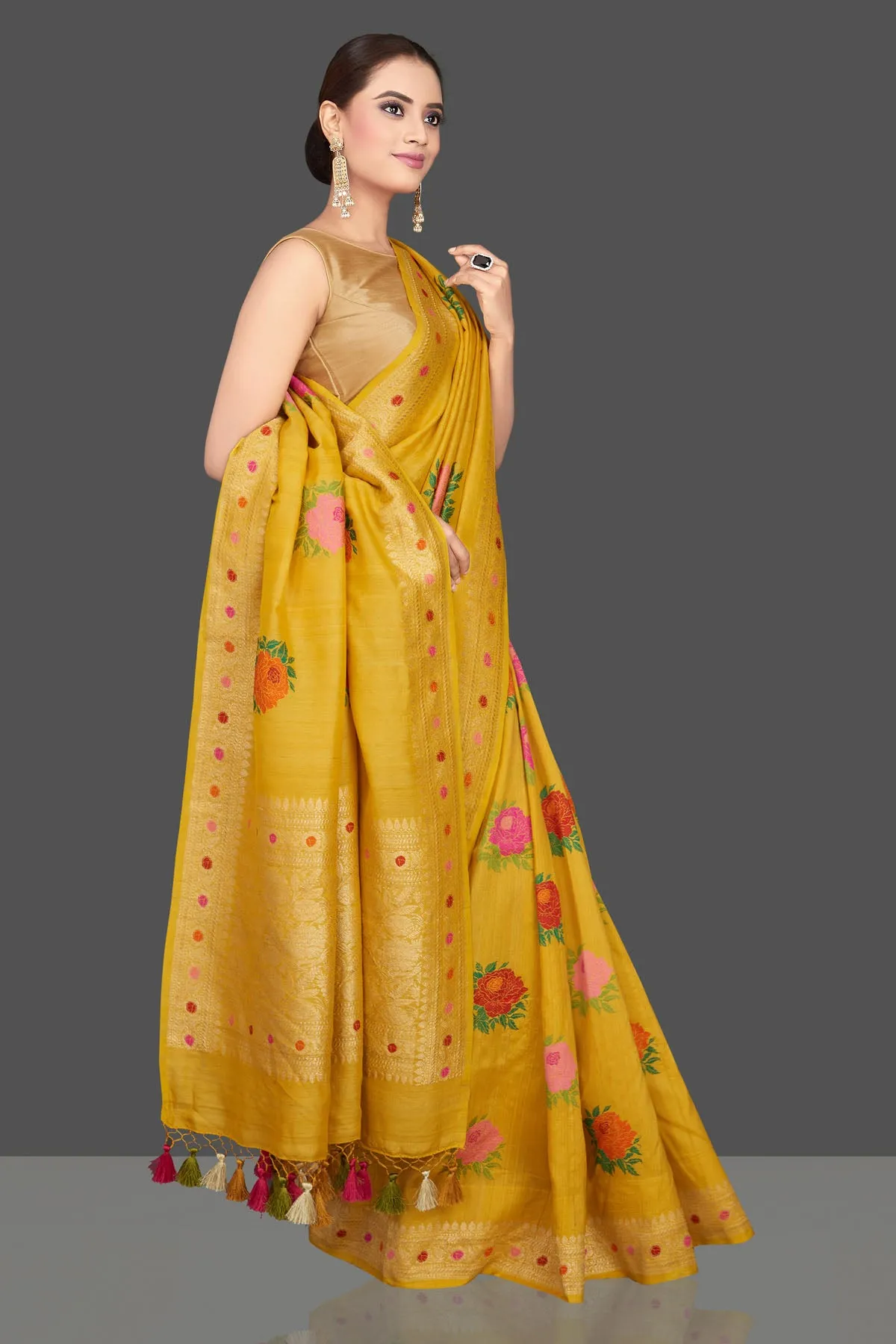 90K561-RO Yellow Tussar Georgette Sari with Floral Weave Buta and Zari Border