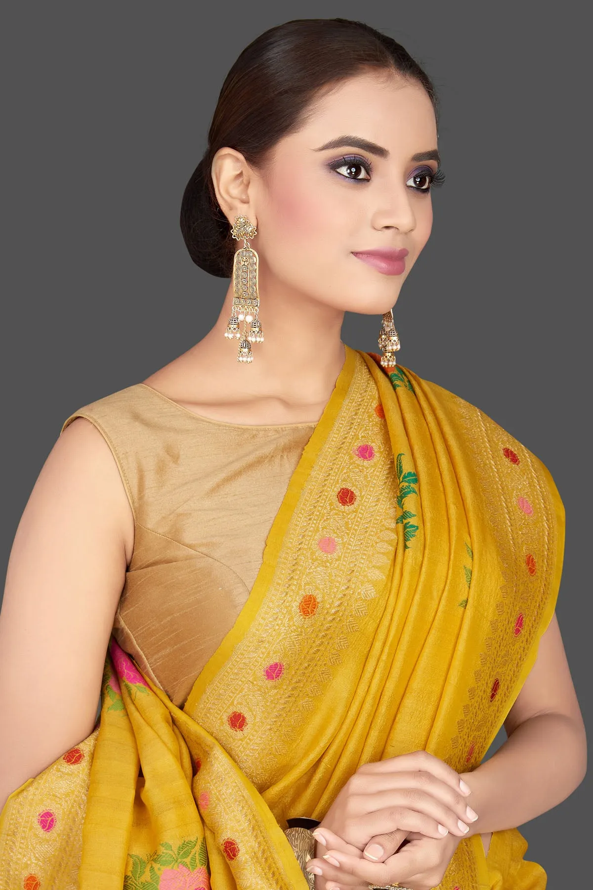 90K561-RO Yellow Tussar Georgette Sari with Floral Weave Buta and Zari Border