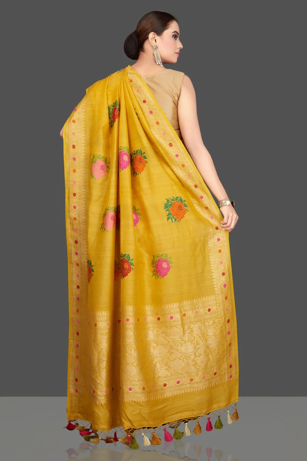 90K561-RO Yellow Tussar Georgette Sari with Floral Weave Buta and Zari Border