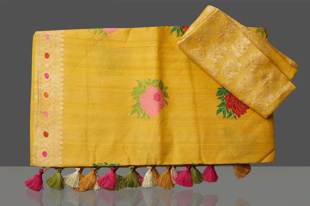 90K561-RO Yellow Tussar Georgette Sari with Floral Weave Buta and Zari Border