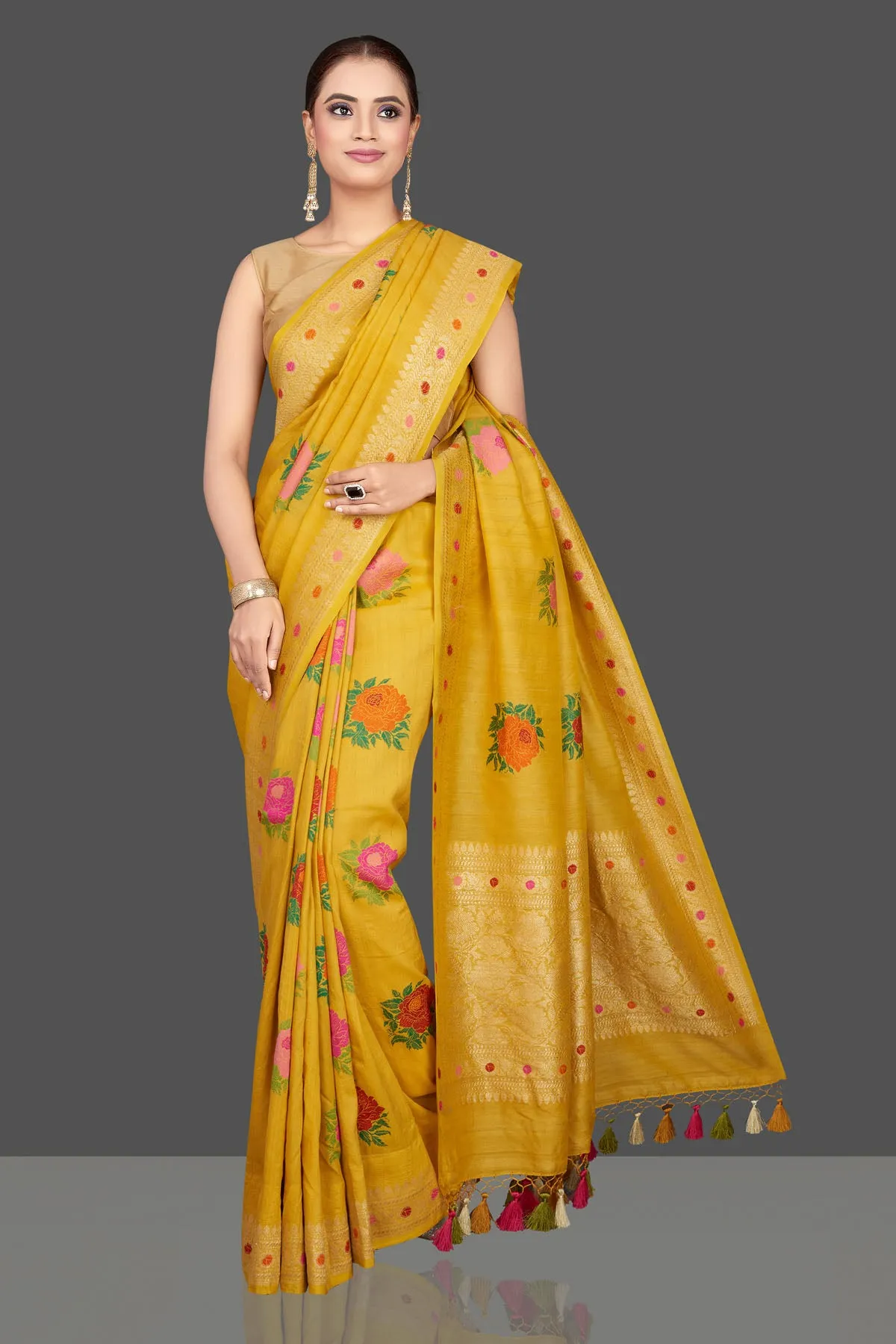 90K561-RO Yellow Tussar Georgette Sari with Floral Weave Buta and Zari Border