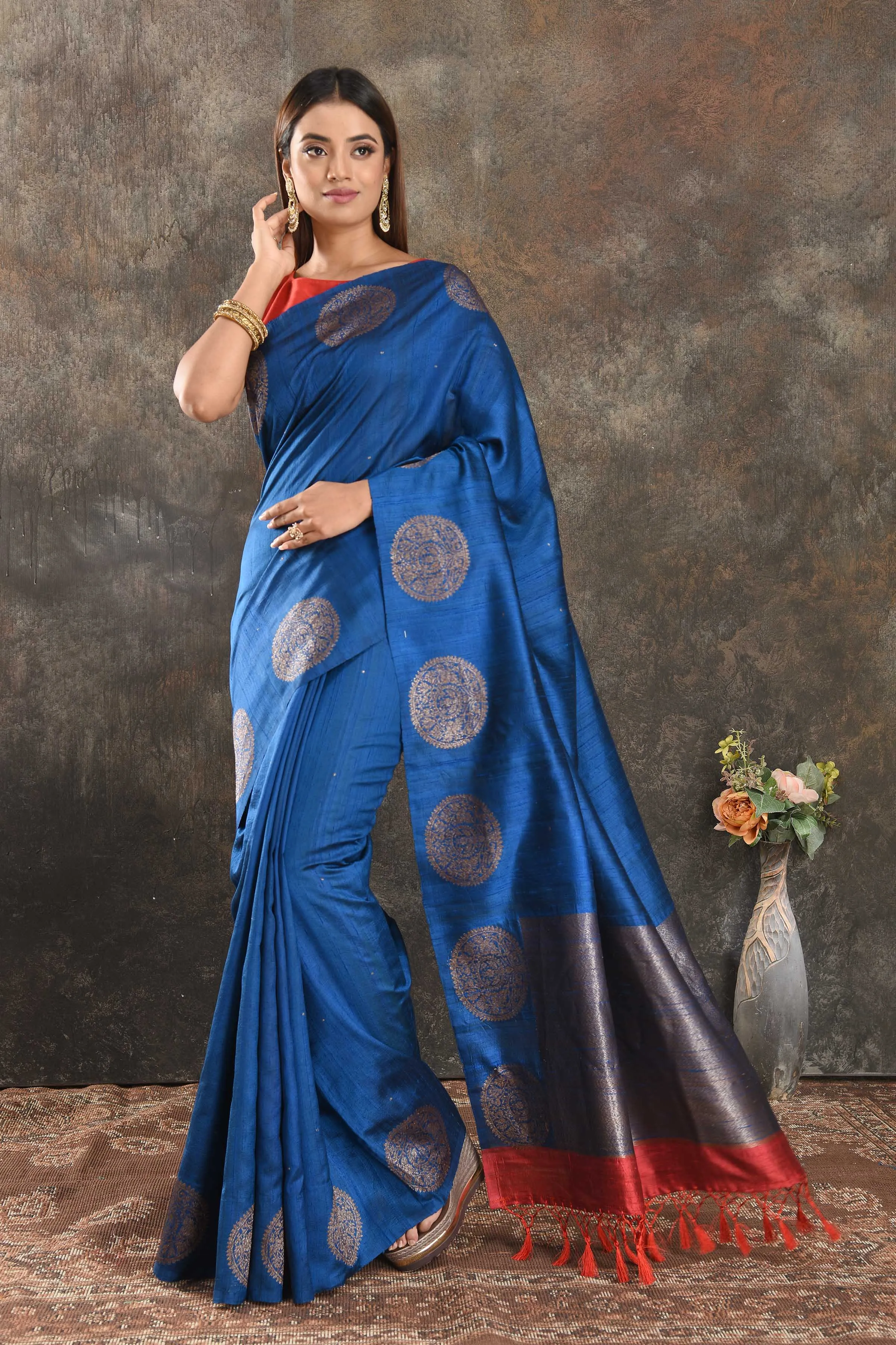 90N397-RO Royal Blue Tussar Banarasi Saree with Zari Buta