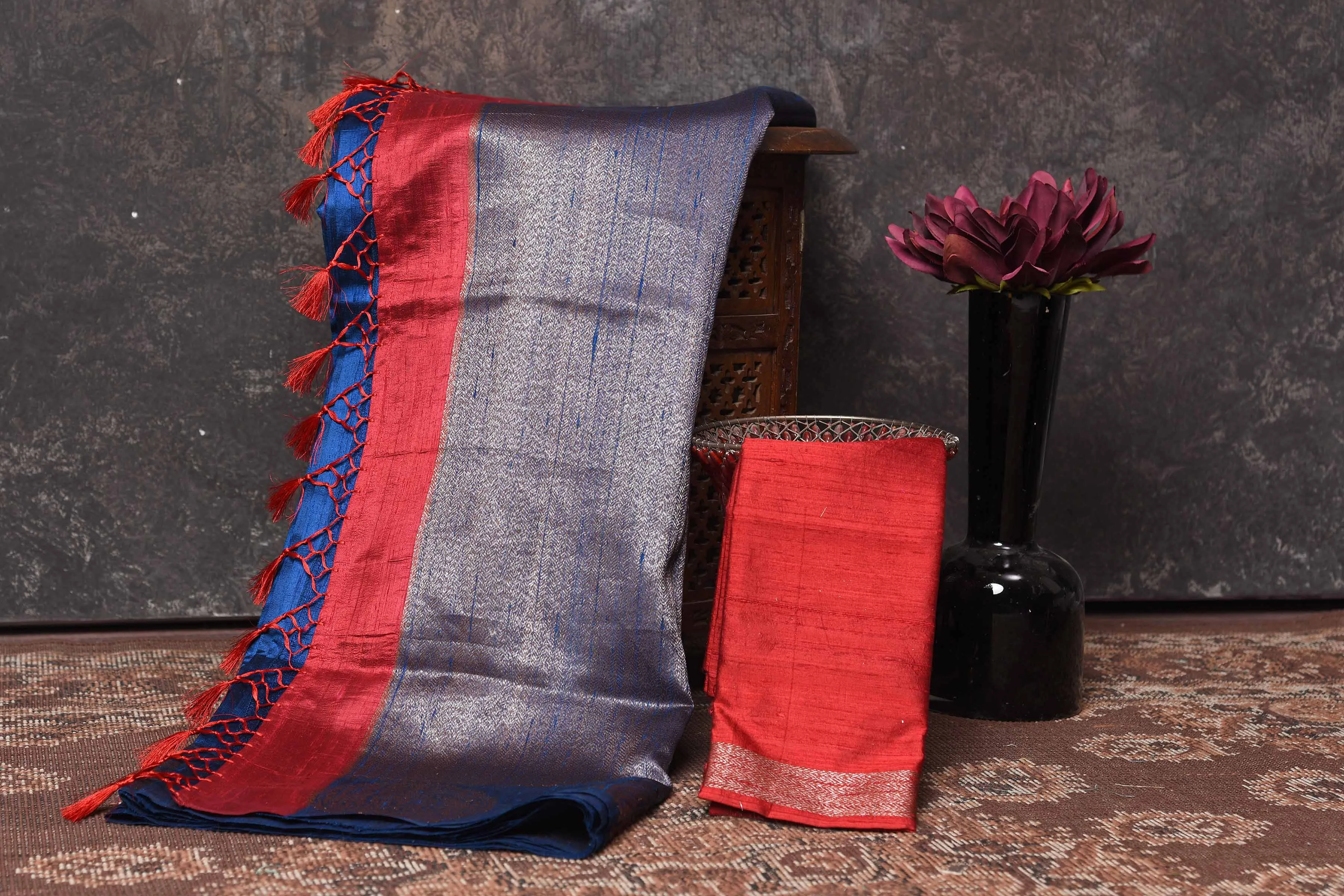 90N397-RO Royal Blue Tussar Banarasi Saree with Zari Buta