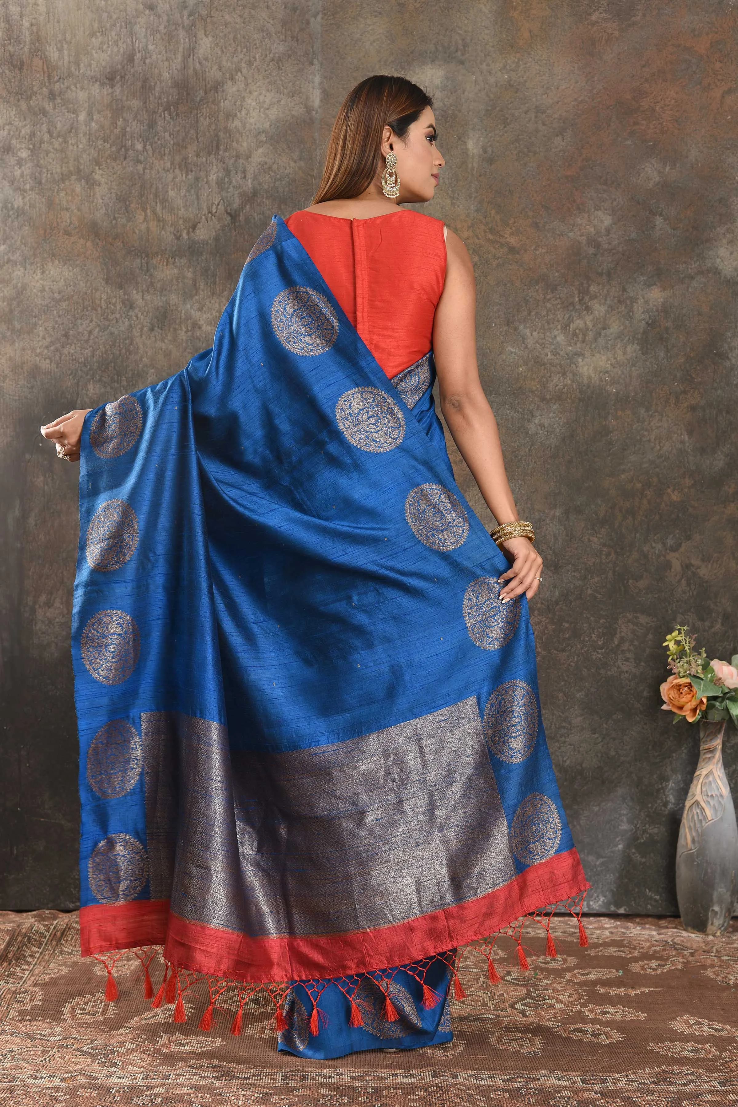 90N397-RO Royal Blue Tussar Banarasi Saree with Zari Buta