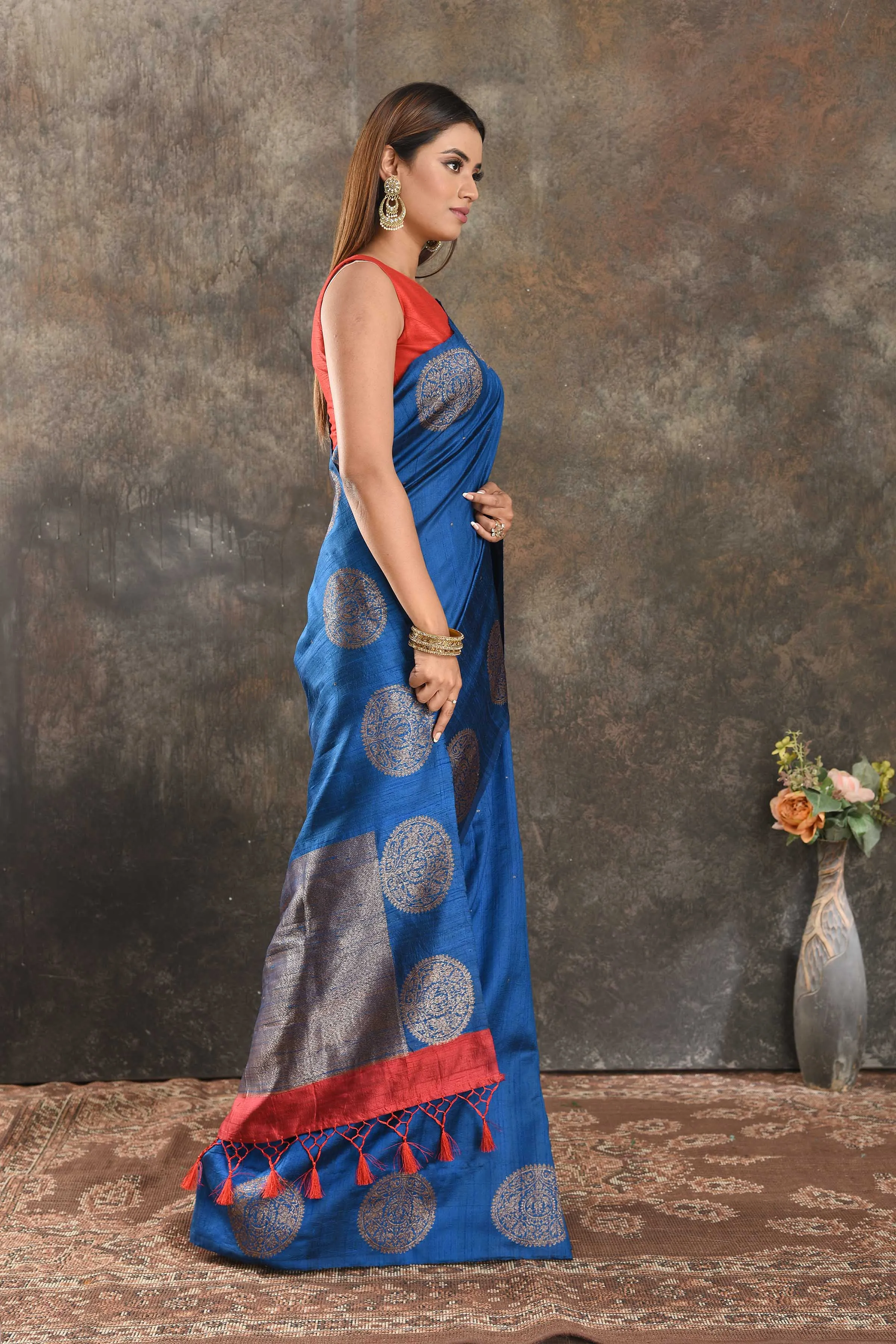 90N397-RO Royal Blue Tussar Banarasi Saree with Zari Buta