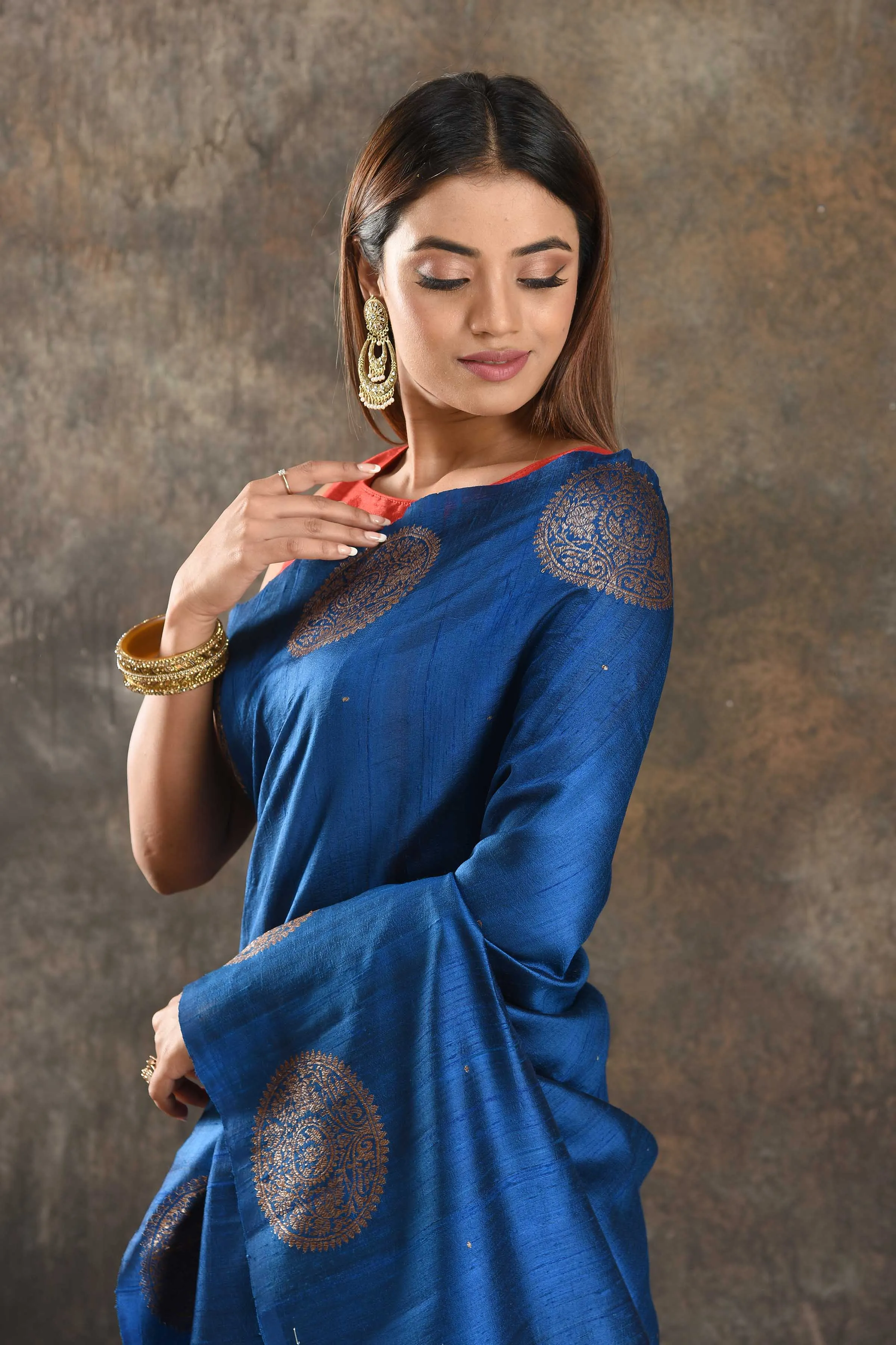 90N397-RO Royal Blue Tussar Banarasi Saree with Zari Buta