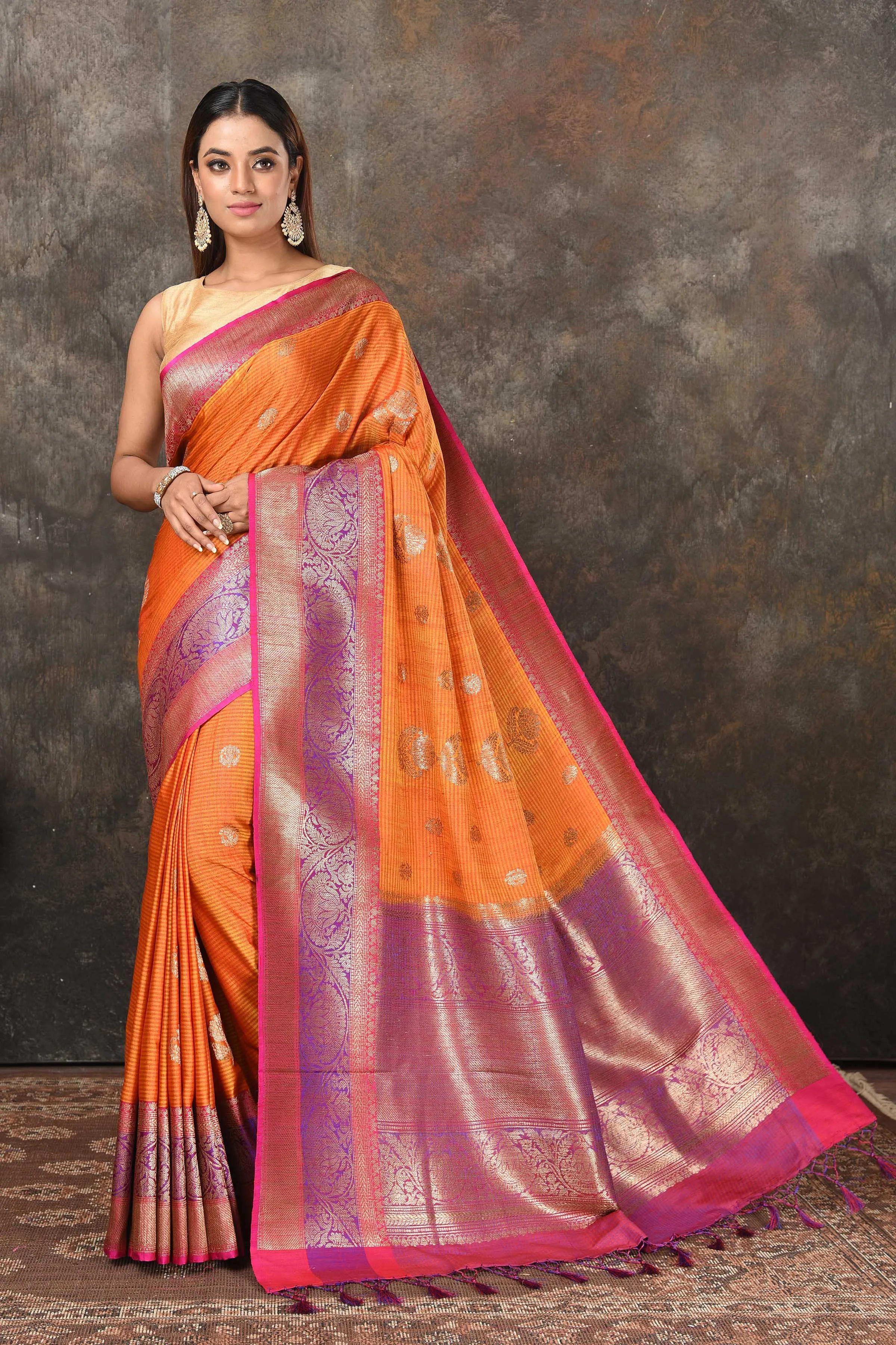 90N462-RO Orange Banarasi Sari with Pink Purple Zari Border