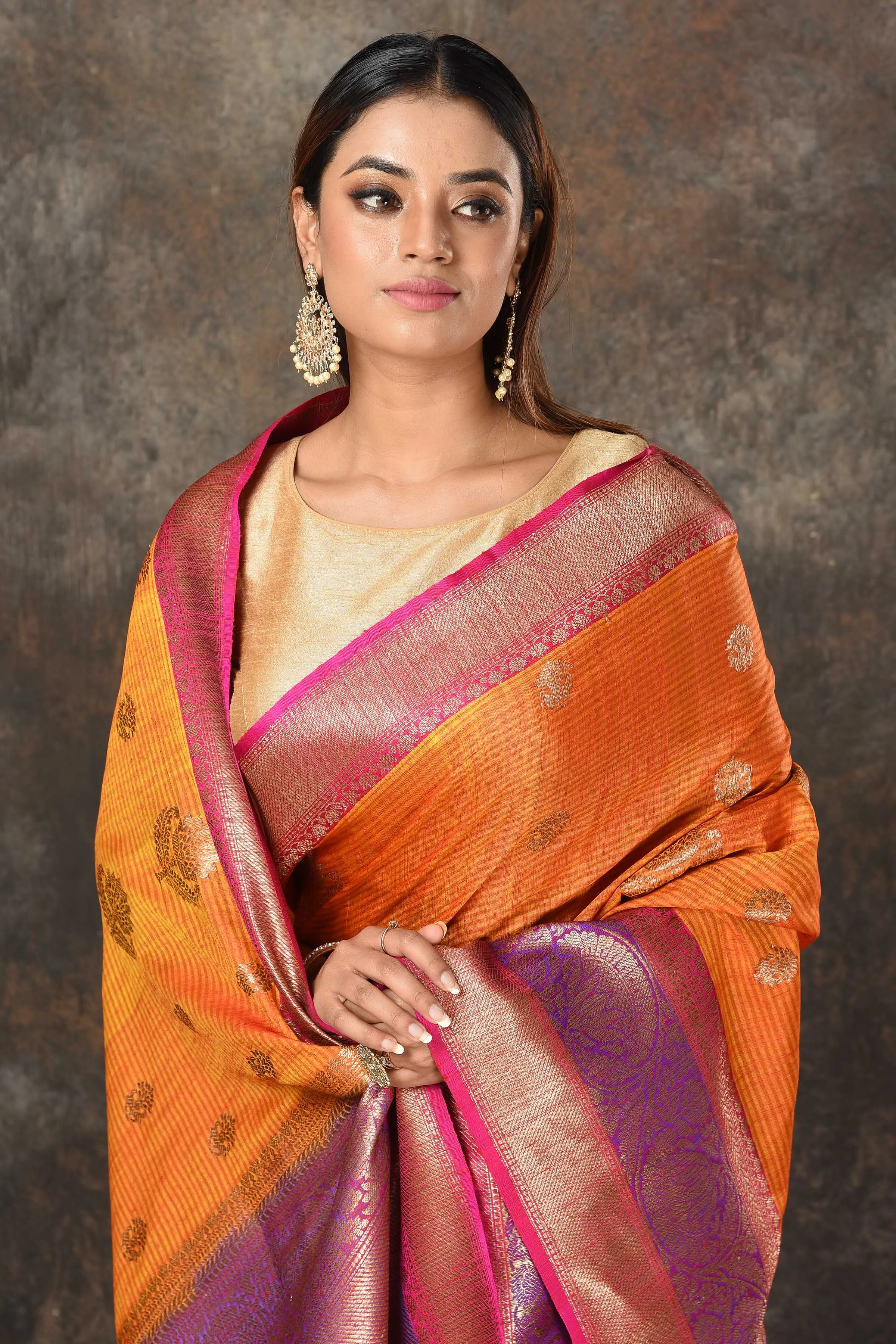 90N462-RO Orange Banarasi Sari with Pink Purple Zari Border