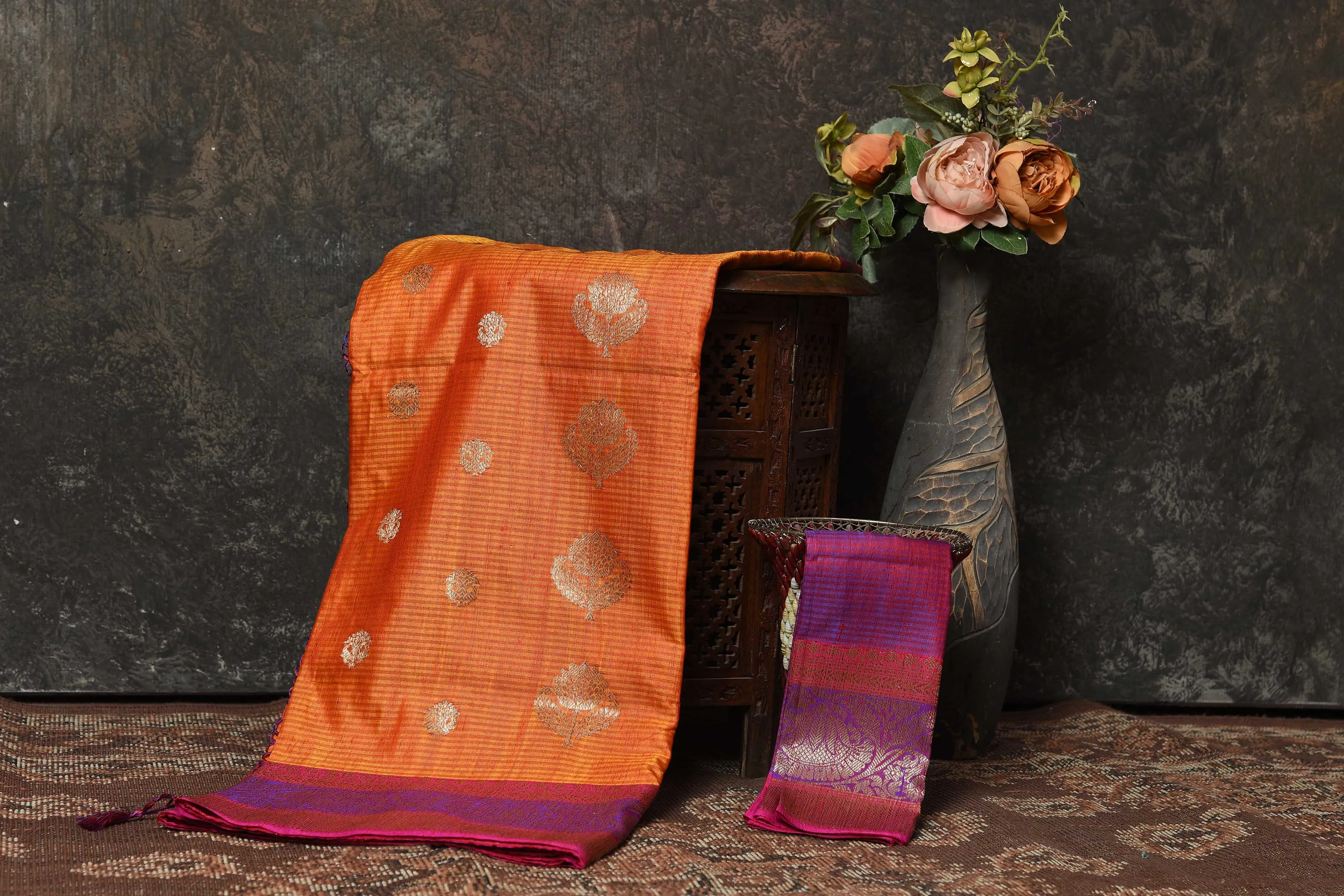 90N462-RO Orange Banarasi Sari with Pink Purple Zari Border