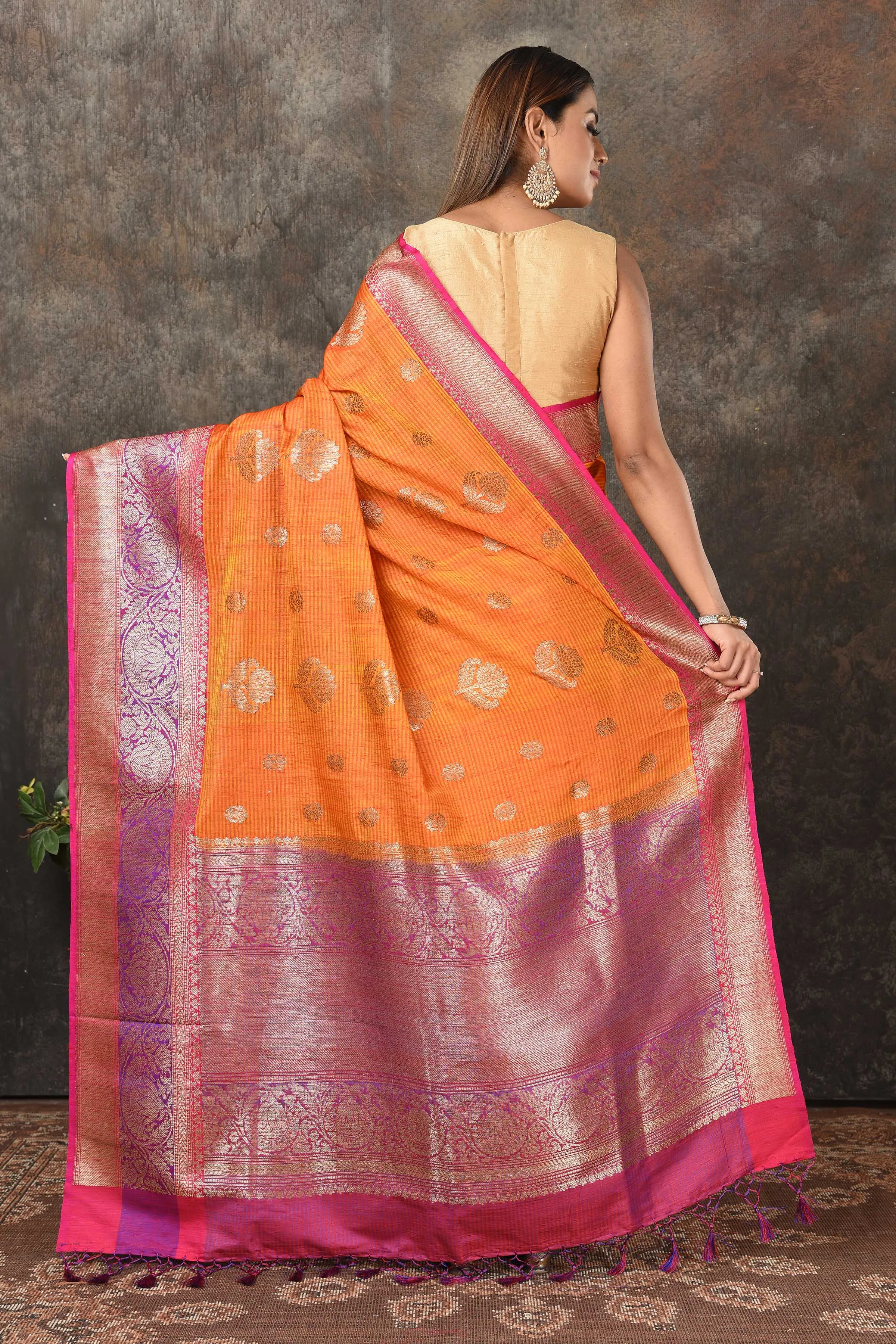 90N462-RO Orange Banarasi Sari with Pink Purple Zari Border