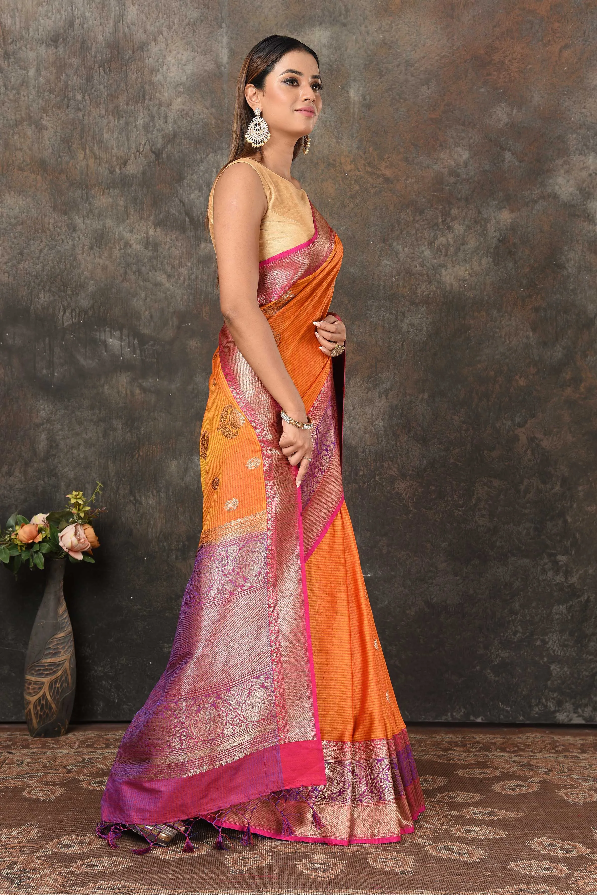 90N462-RO Orange Banarasi Sari with Pink Purple Zari Border