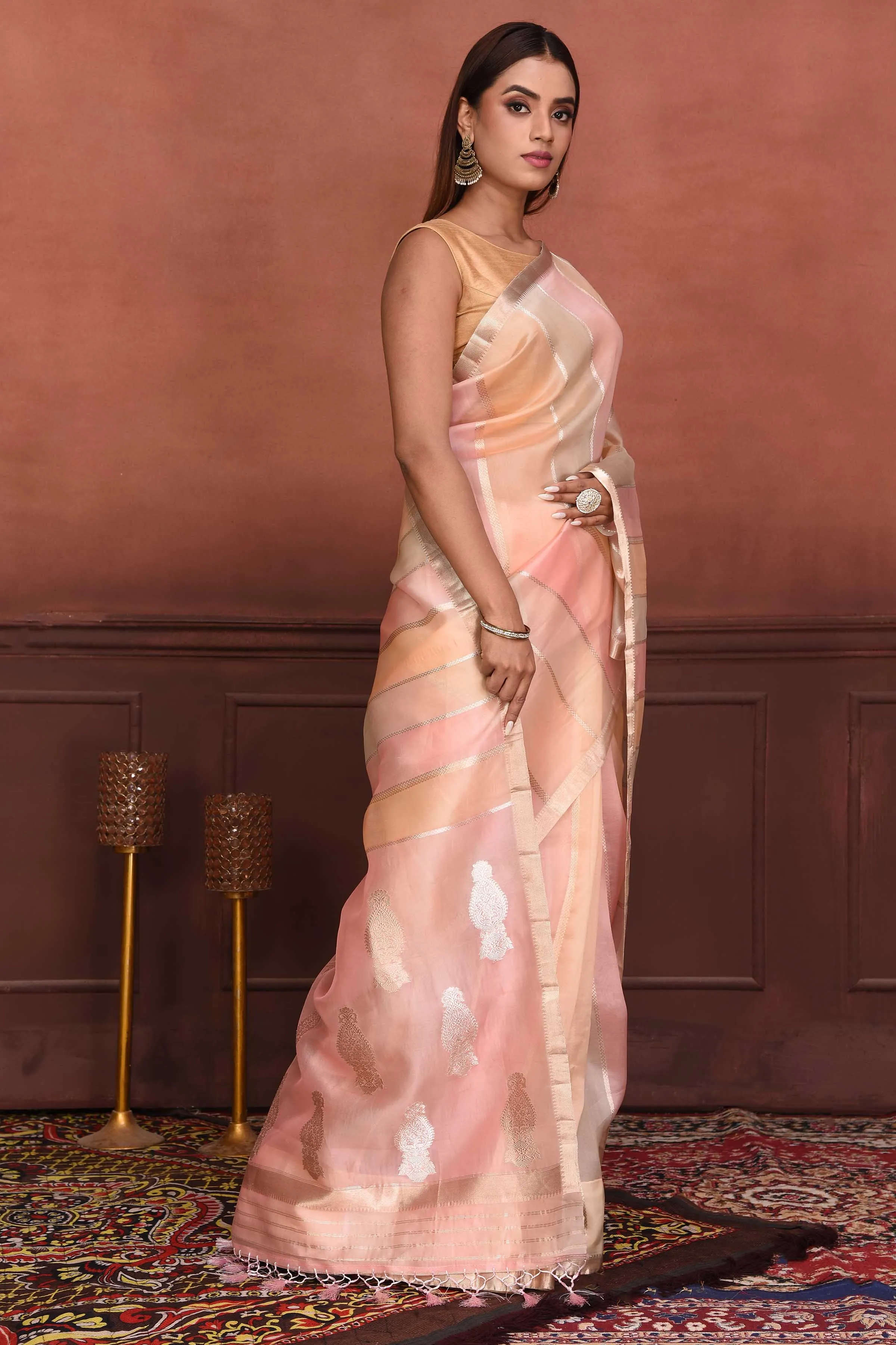 91A147-RO Peach and Pink Zari Stripes Organza Banarasi Saree