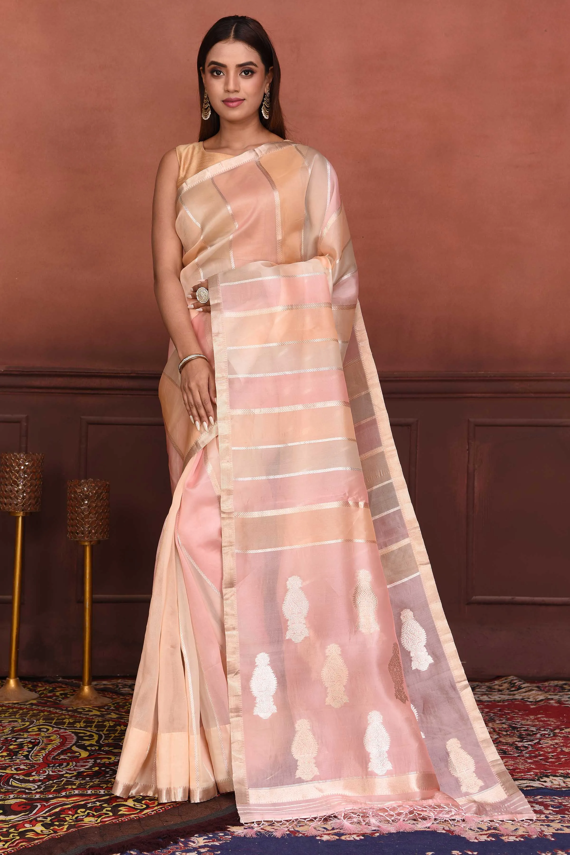 91A147-RO Peach and Pink Zari Stripes Organza Banarasi Saree