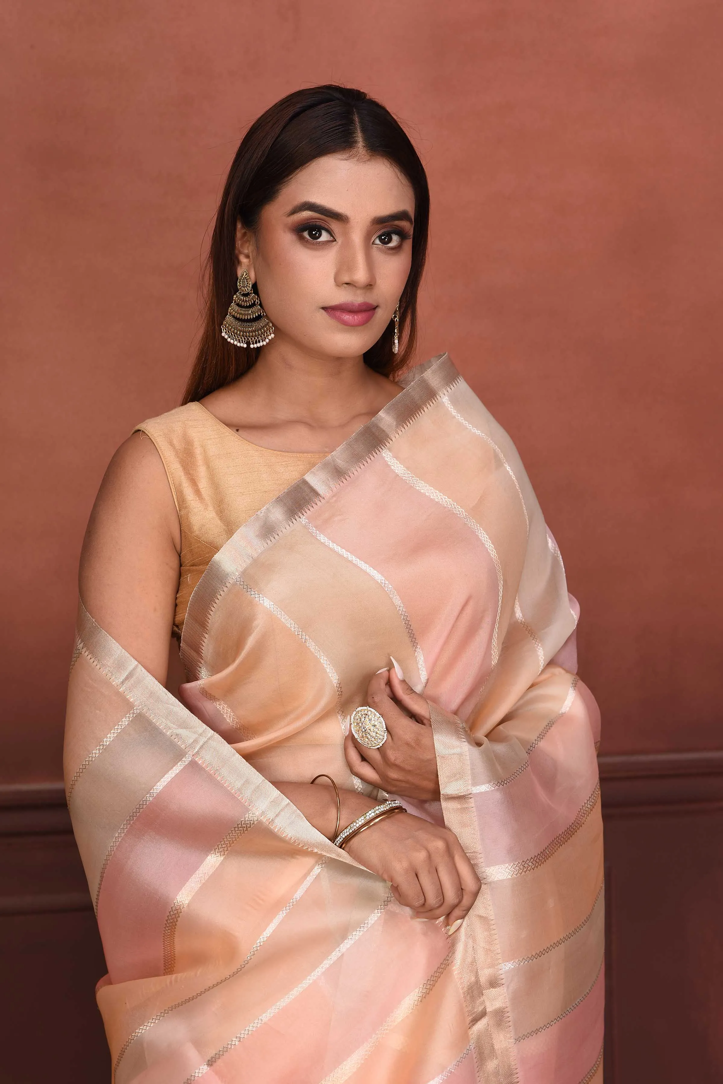 91A147-RO Peach and Pink Zari Stripes Organza Banarasi Saree