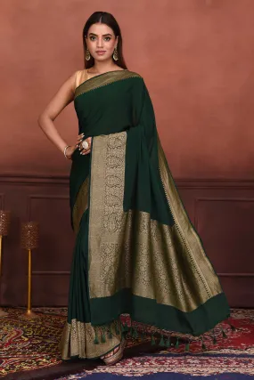 91A155-RO Bottle Green Crepe Banarasi Saree with Zari Border