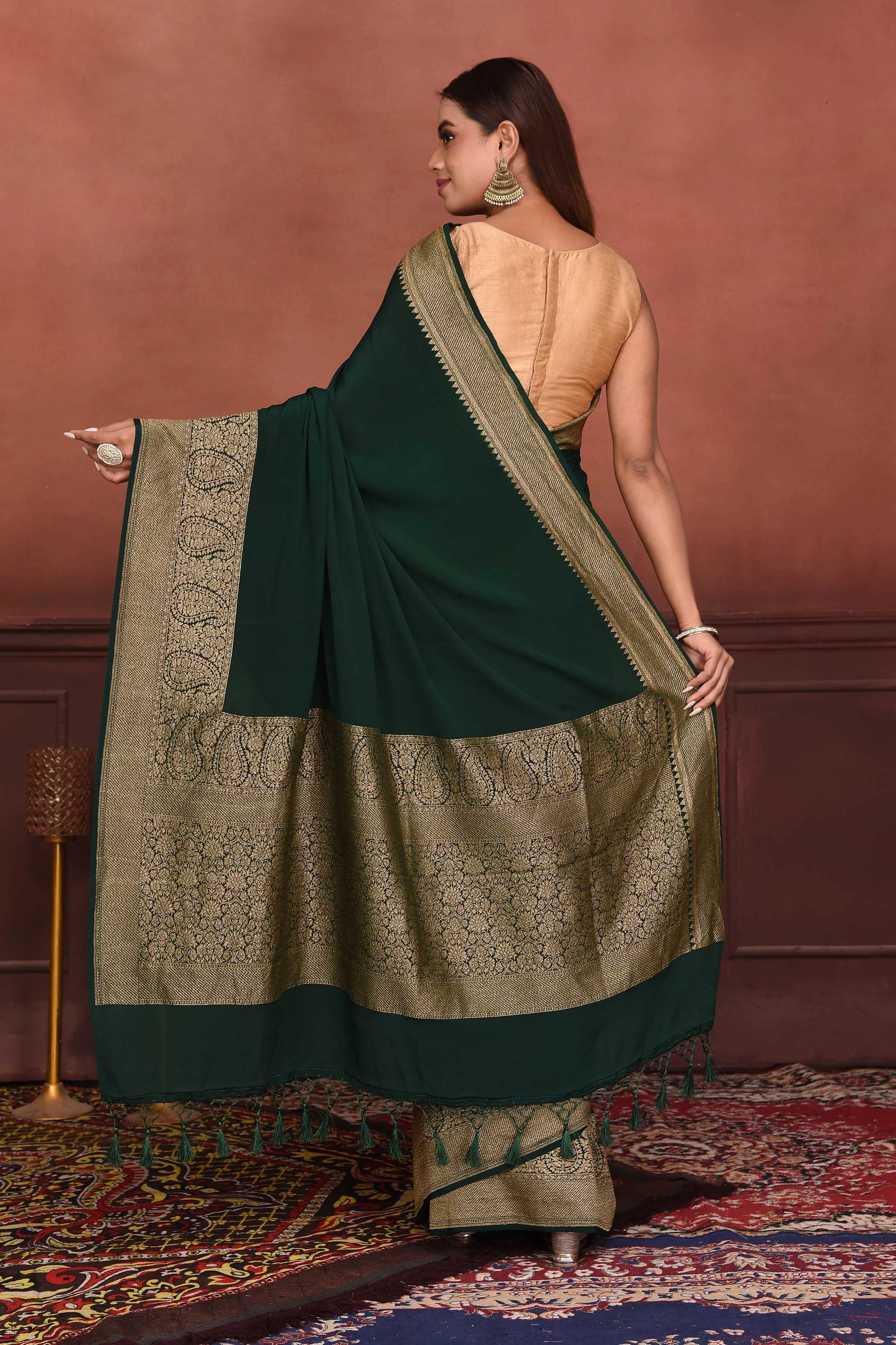 91A155-RO Bottle Green Crepe Banarasi Saree with Zari Border