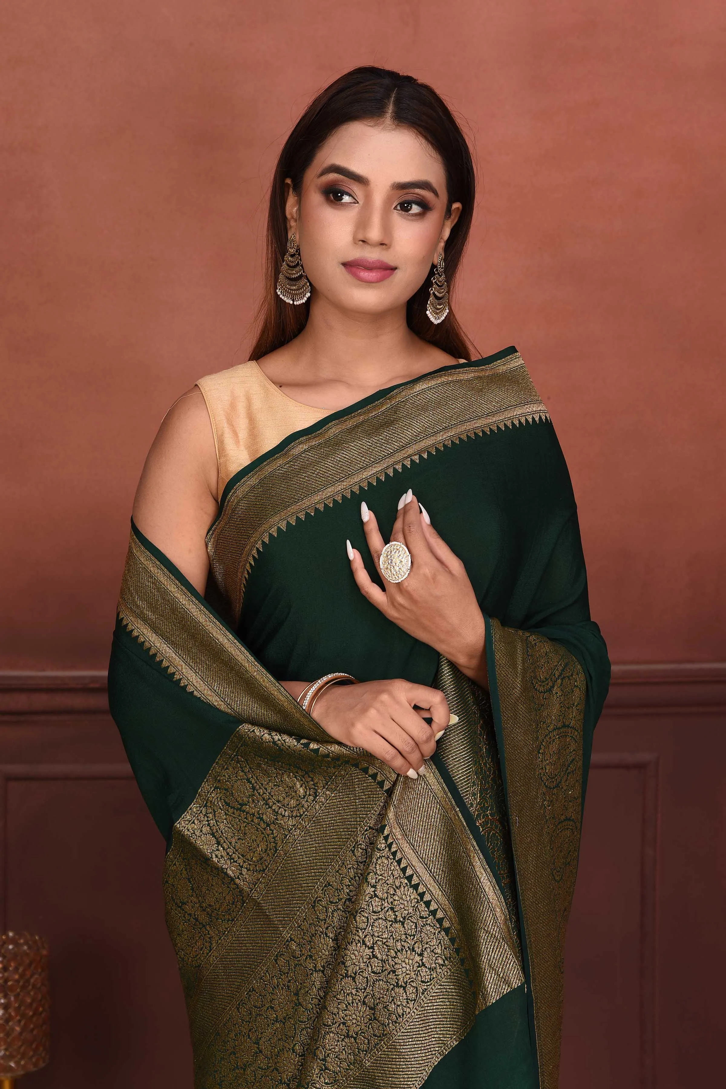 91A155-RO Bottle Green Crepe Banarasi Saree with Zari Border