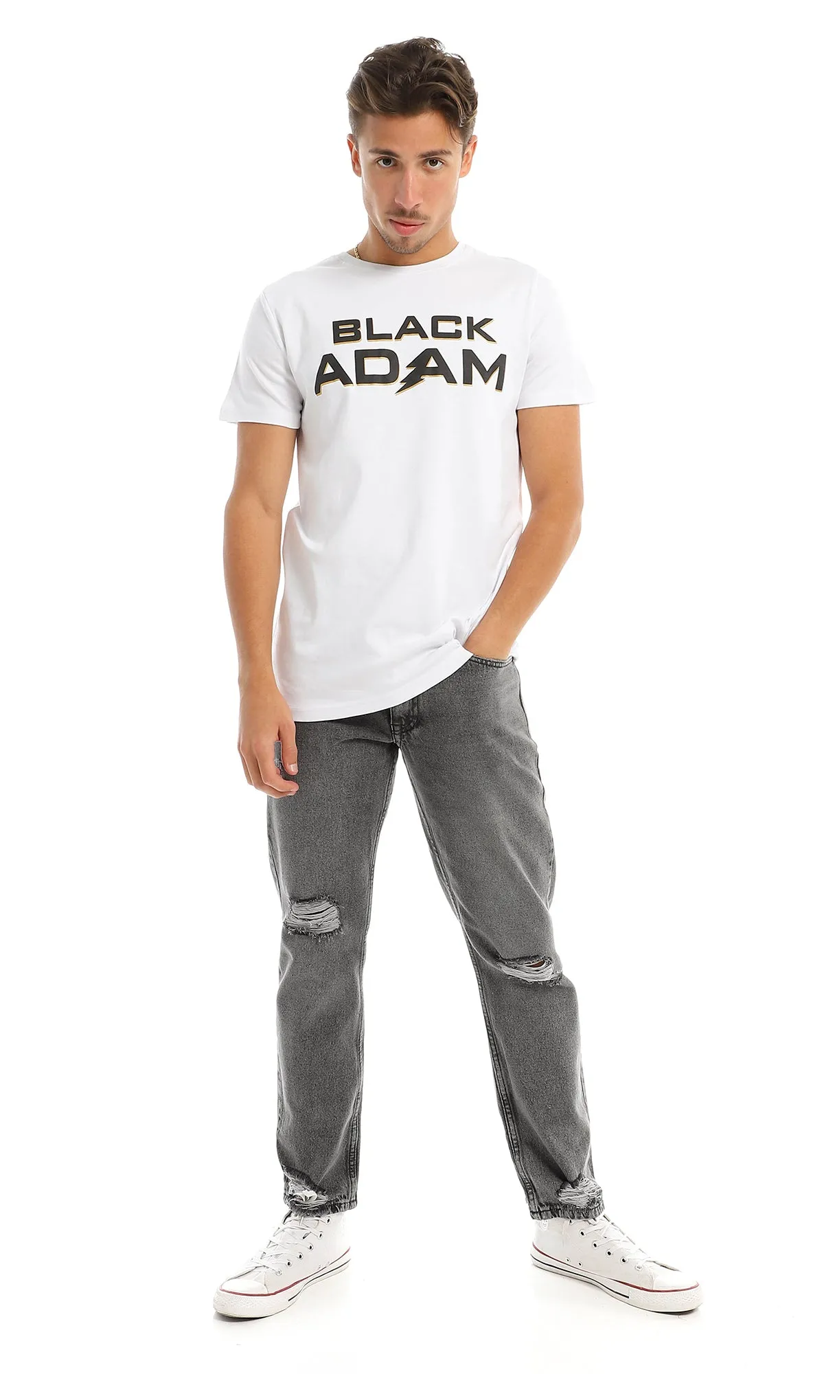 97408 Black Adam Printed Round White T-Shirt