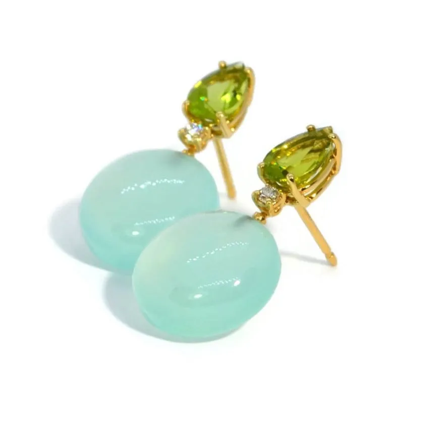 A & Furst - Bonbon - Drop Earrings with Peridot, Diamonds and Aqua Chalcedony, 18k Yellow Gold