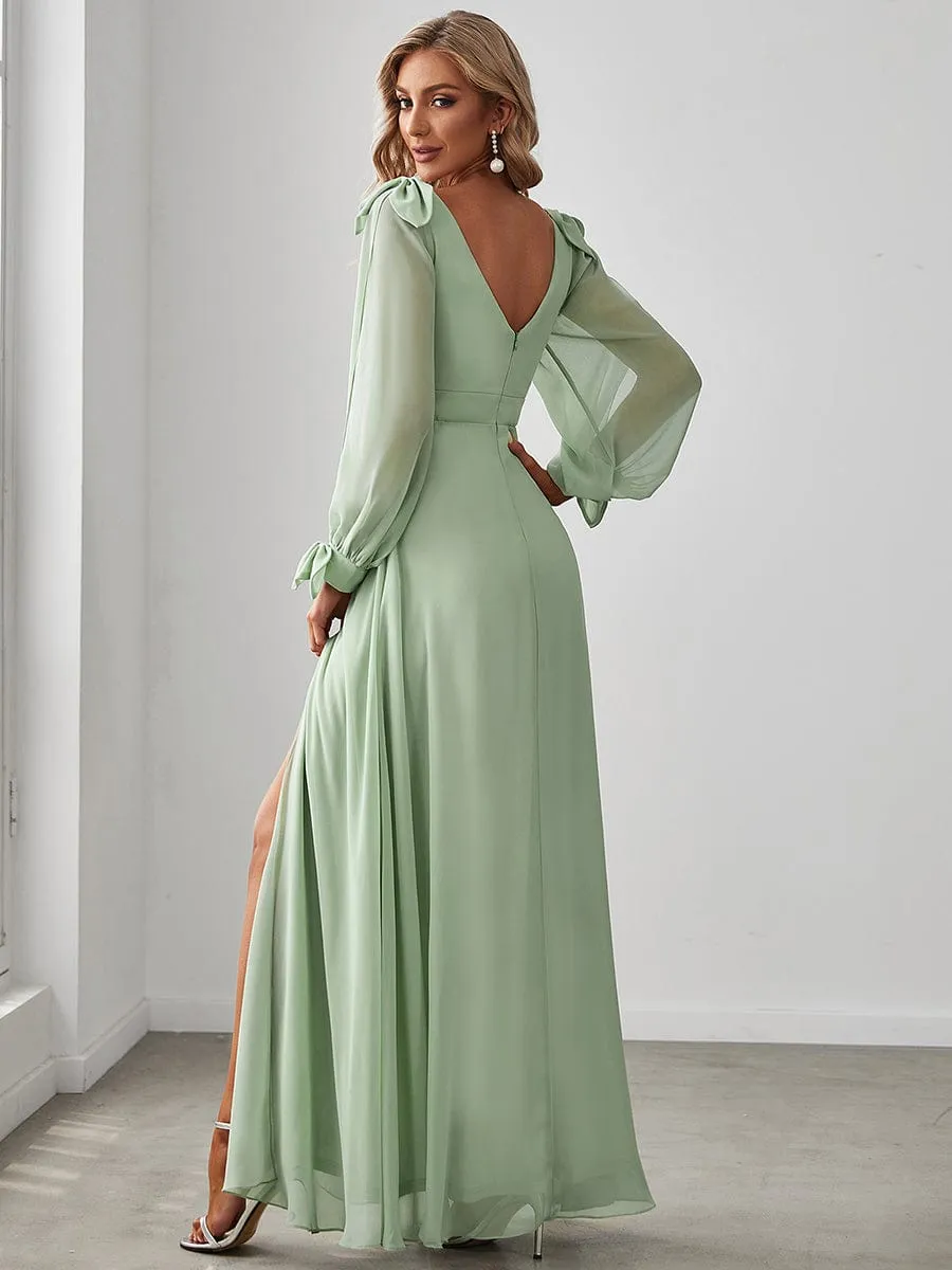 A-Line V-Neck Bridesmaid Dress with Long Lantern Sleeves