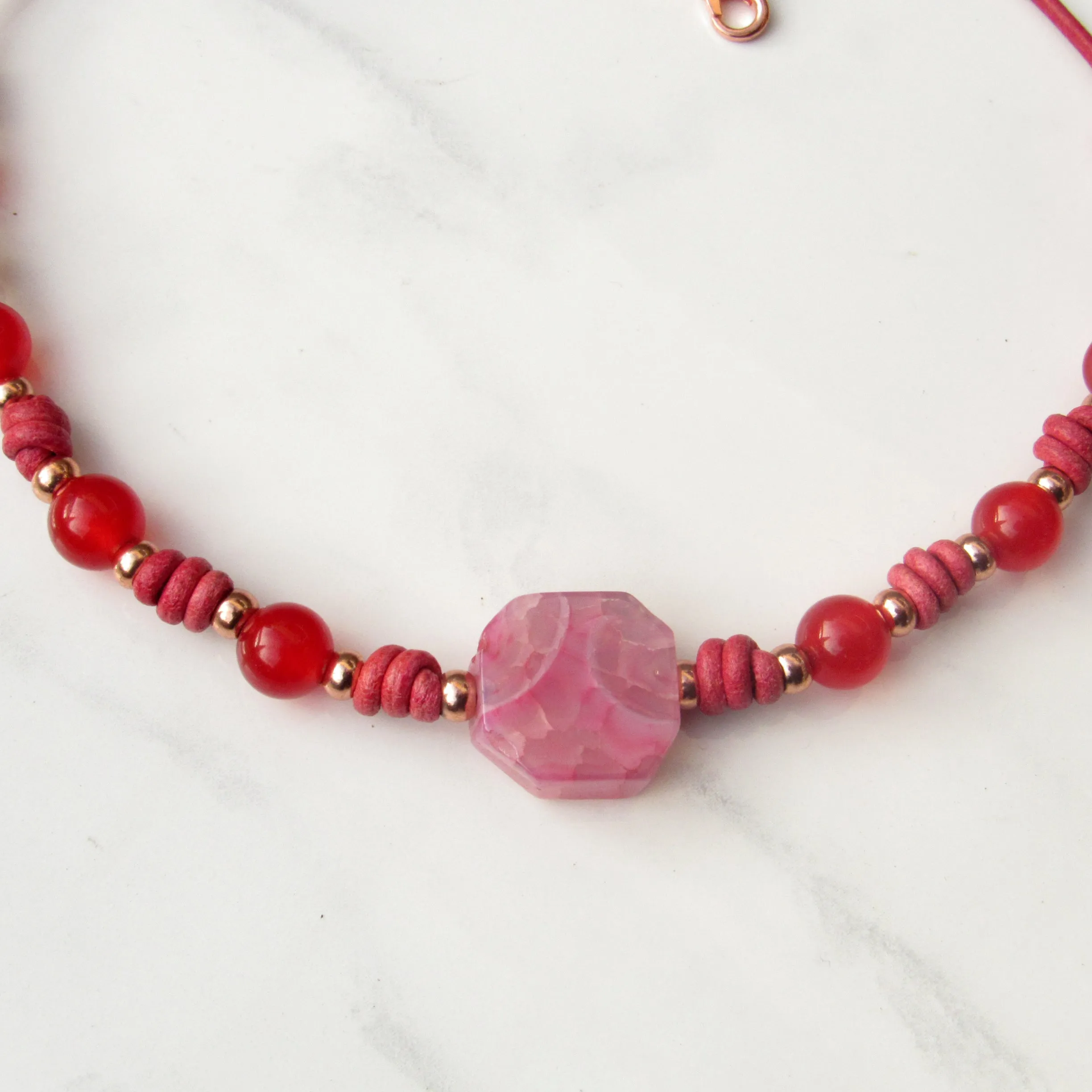 Agate gemstone, Red Jade, and genuine Leather Necklace