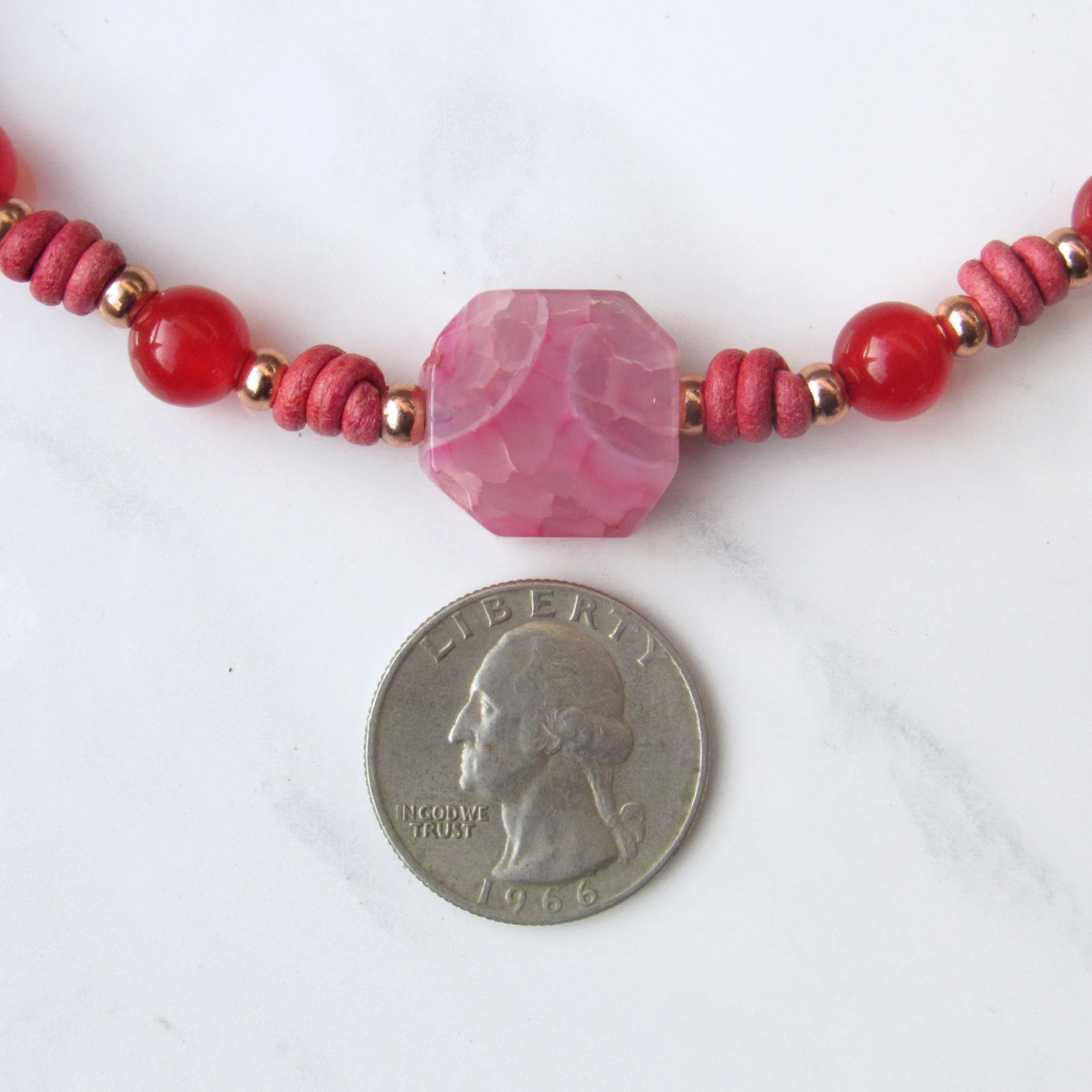 Agate gemstone, Red Jade, and genuine Leather Necklace