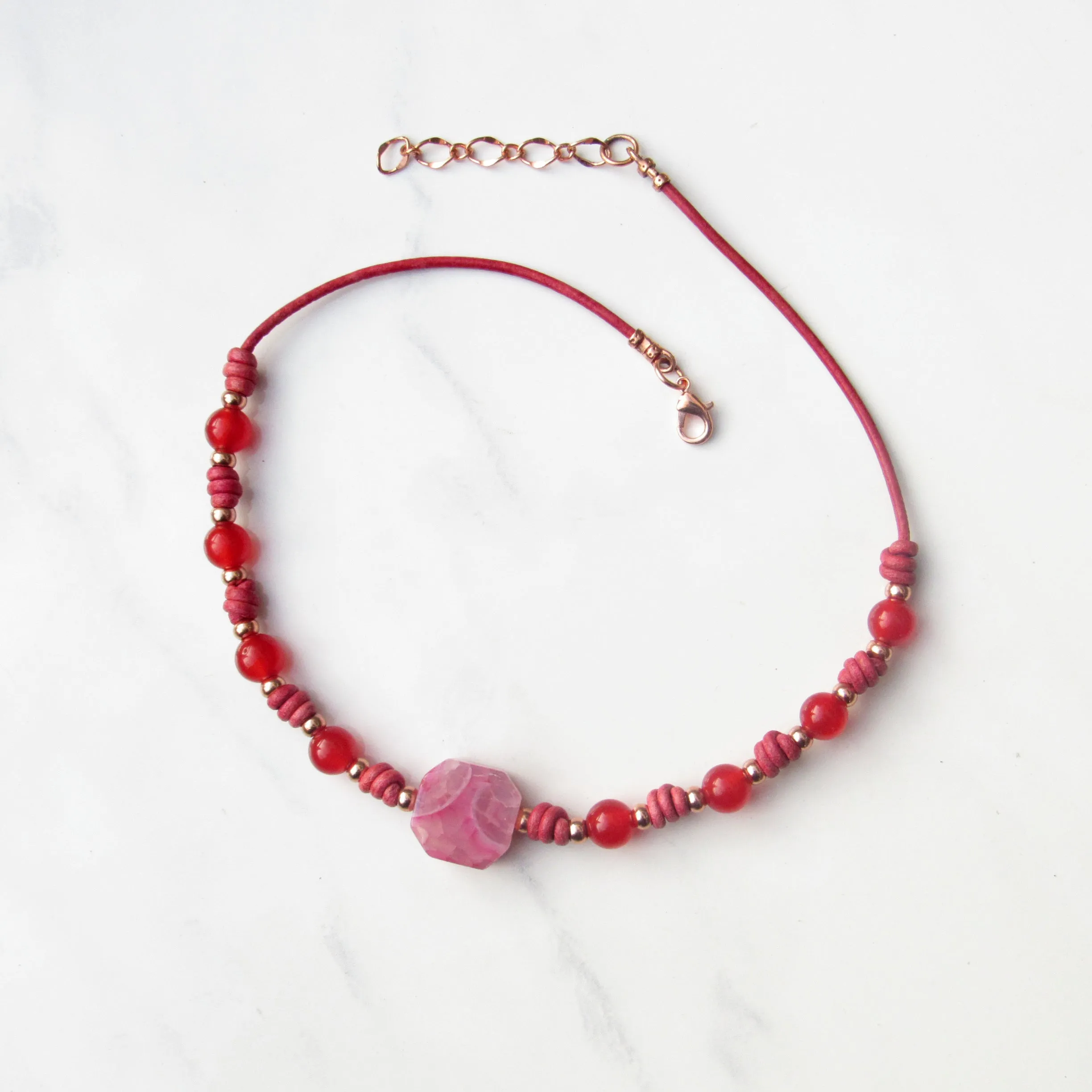 Agate gemstone, Red Jade, and genuine Leather Necklace