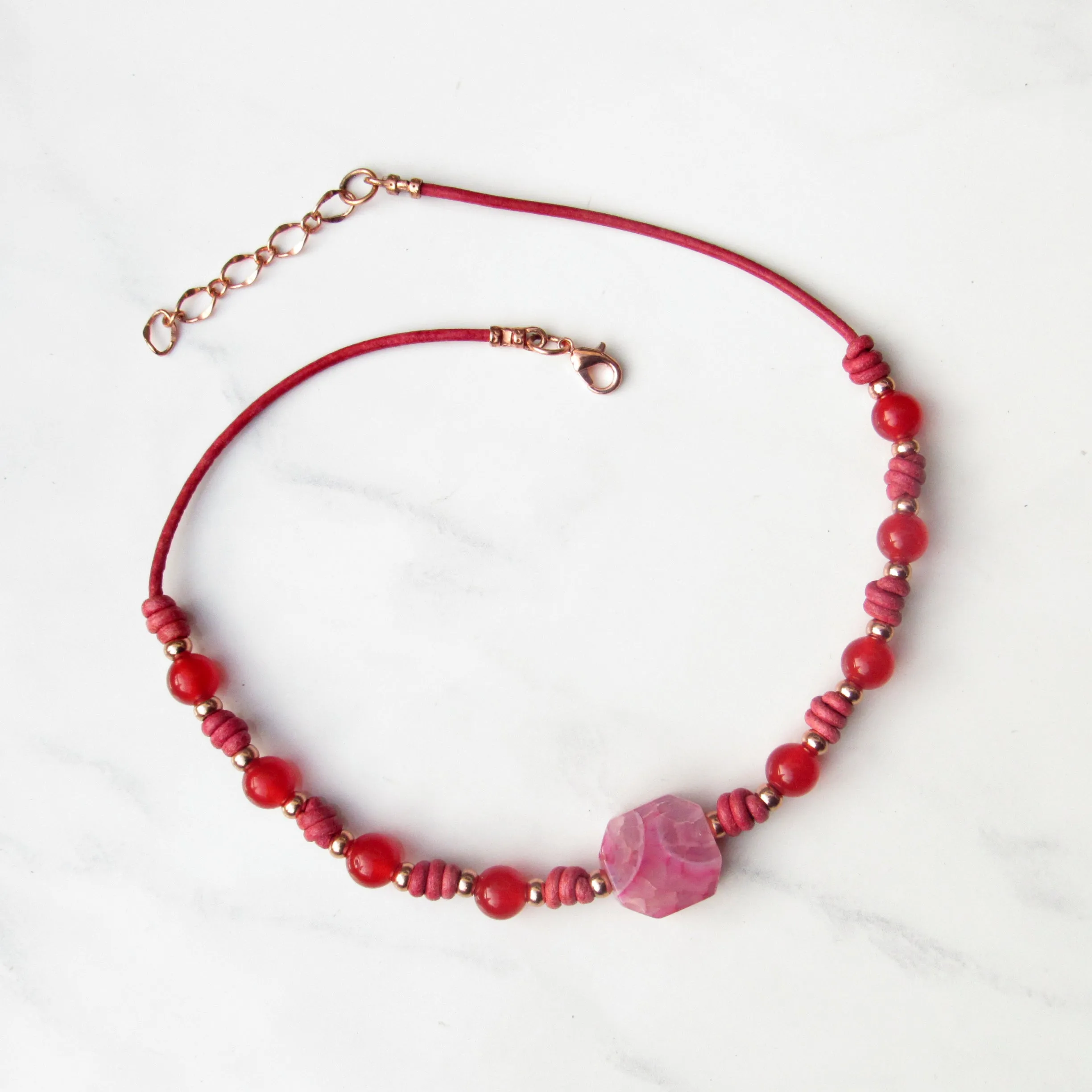 Agate gemstone, Red Jade, and genuine Leather Necklace