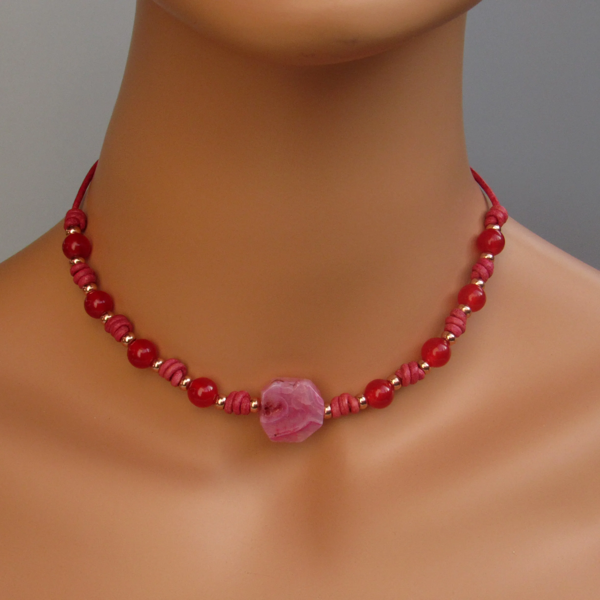 Agate gemstone, Red Jade, and genuine Leather Necklace