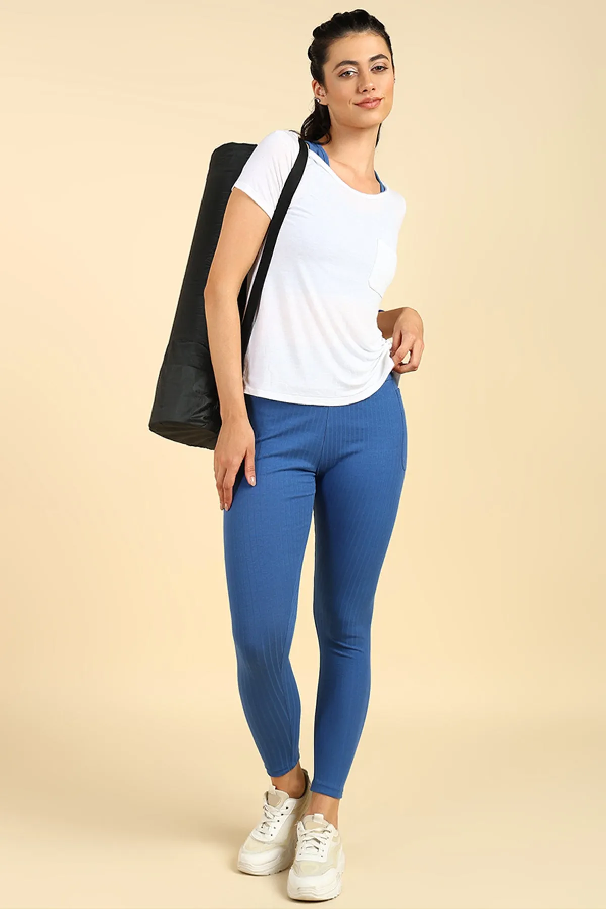 All Over Ribbed Cotton Blue Mom Legging