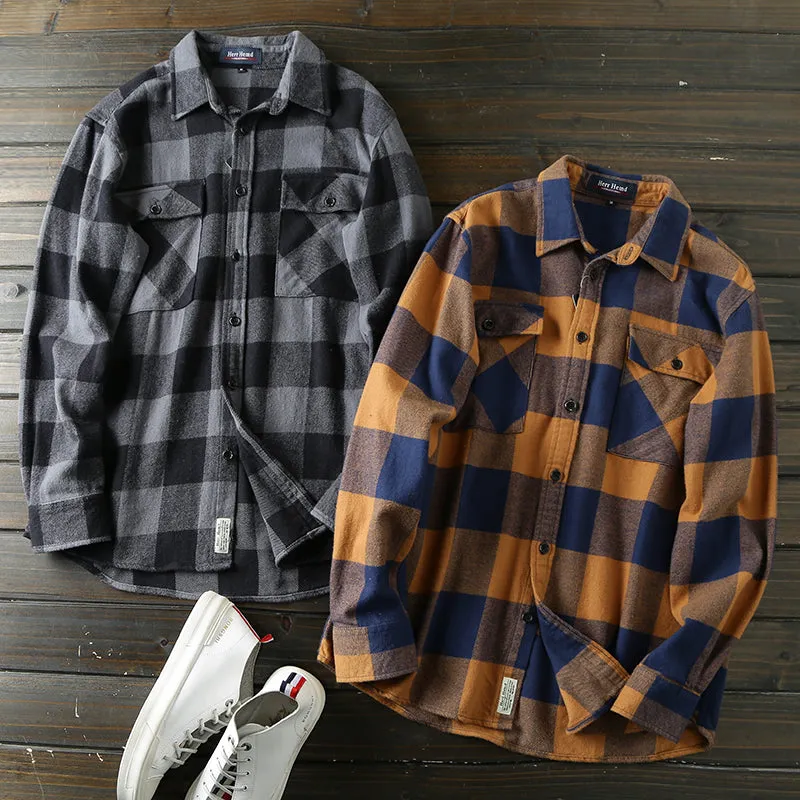 Ashore Mens Shop autumn and winter thickened brushed cotton plaid long-sleeved shirt