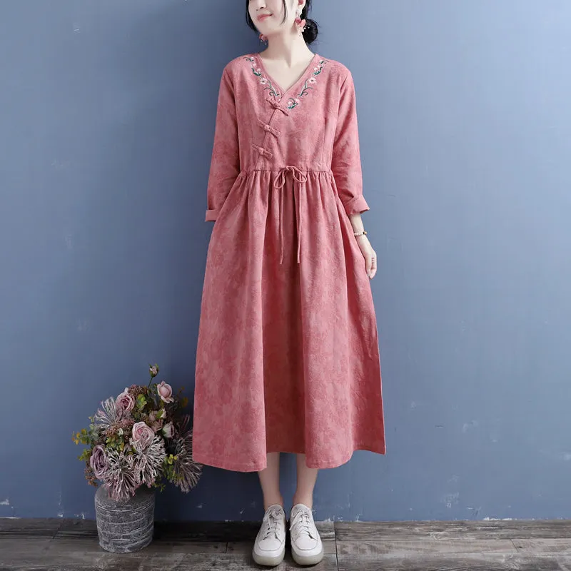 Autumn Cotton Linen Floral Embroidery Retro Dress