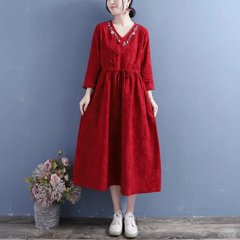 Autumn Cotton Linen Floral Embroidery Retro Dress