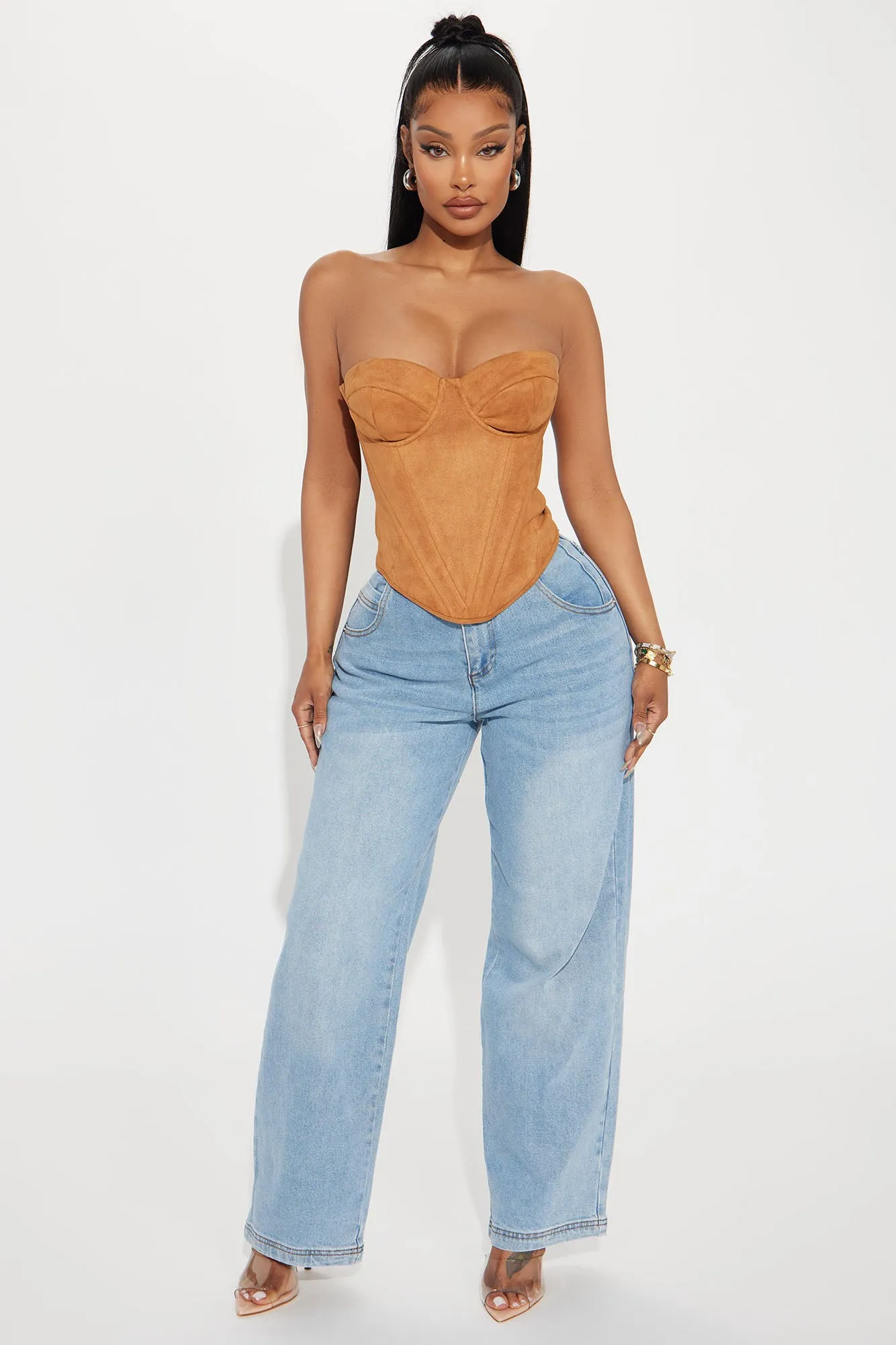 Bae For Tonight Faux Suede Corset Top - Camel