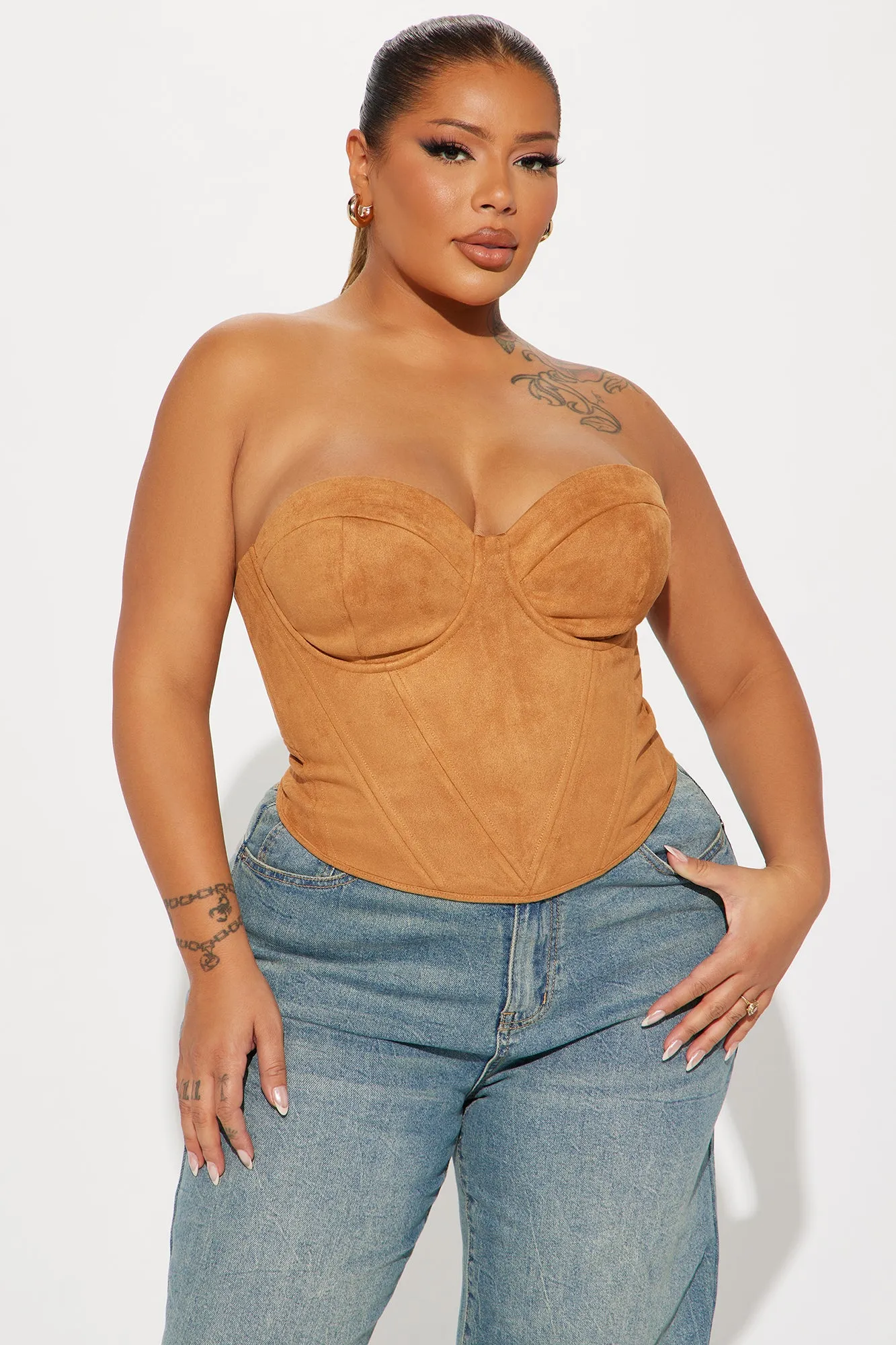 Bae For Tonight Faux Suede Corset Top - Camel