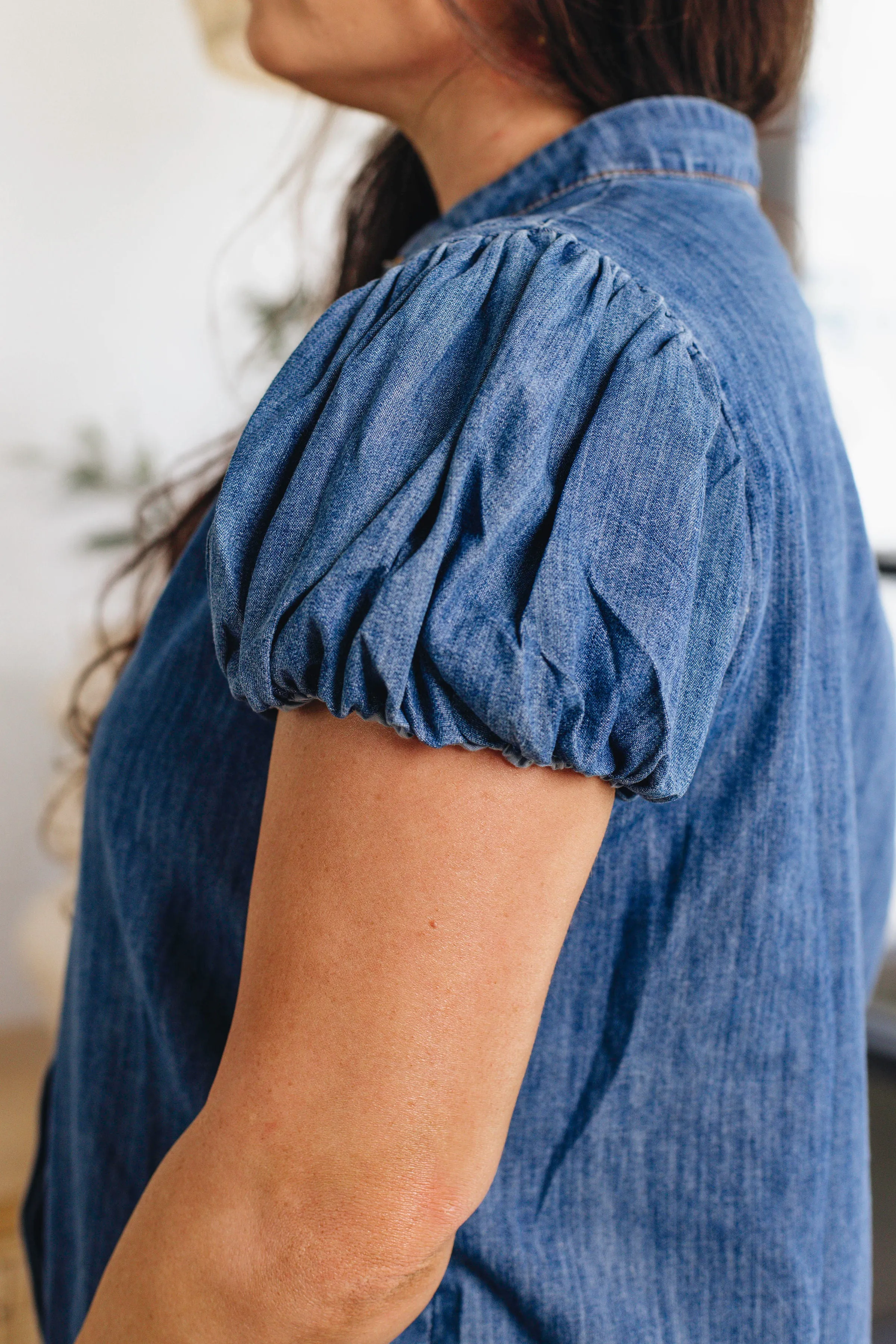 Balloon Sleeve Denim Top (S-3XL)