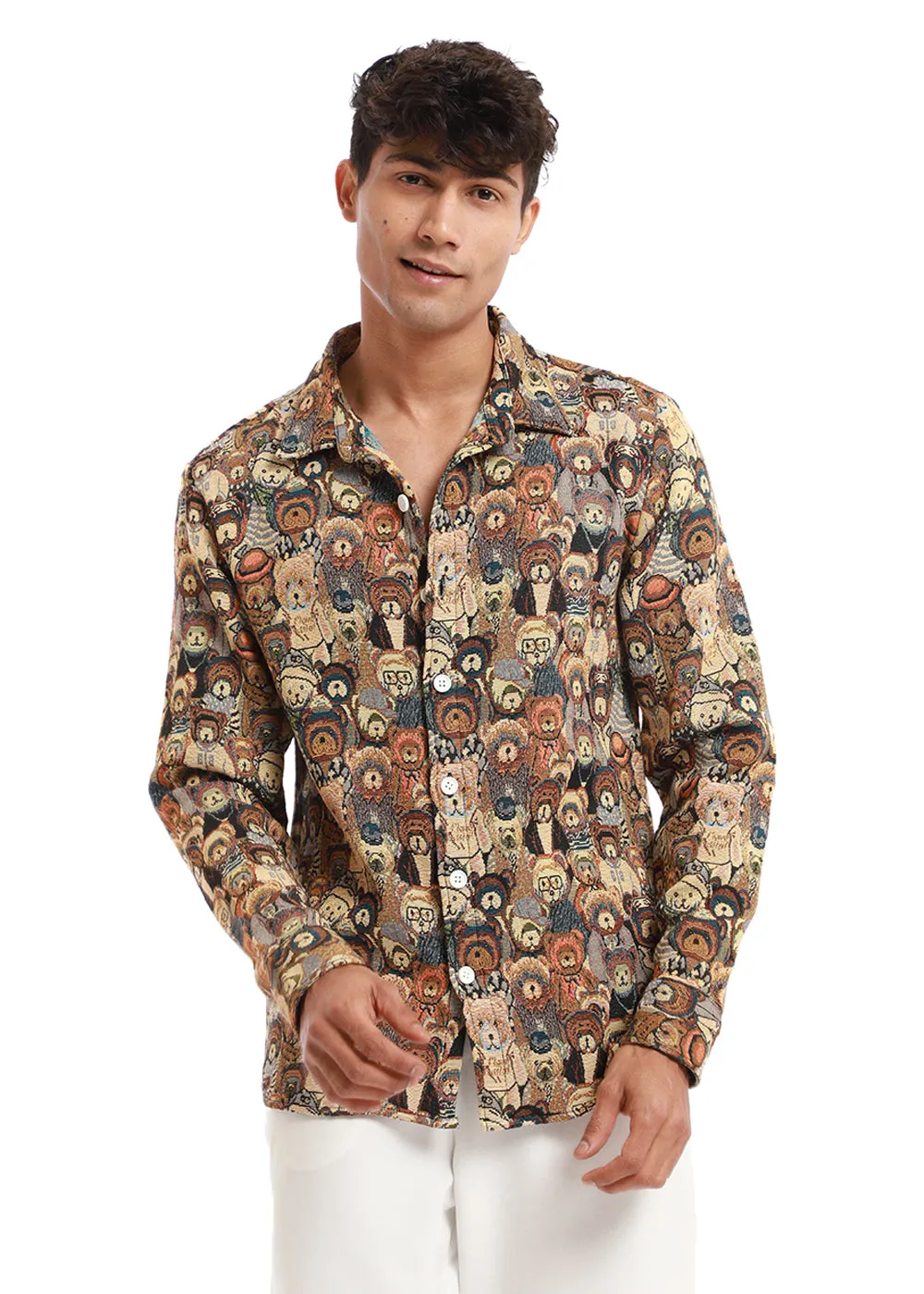 Beige Doodle Bear Jacquard Shacket