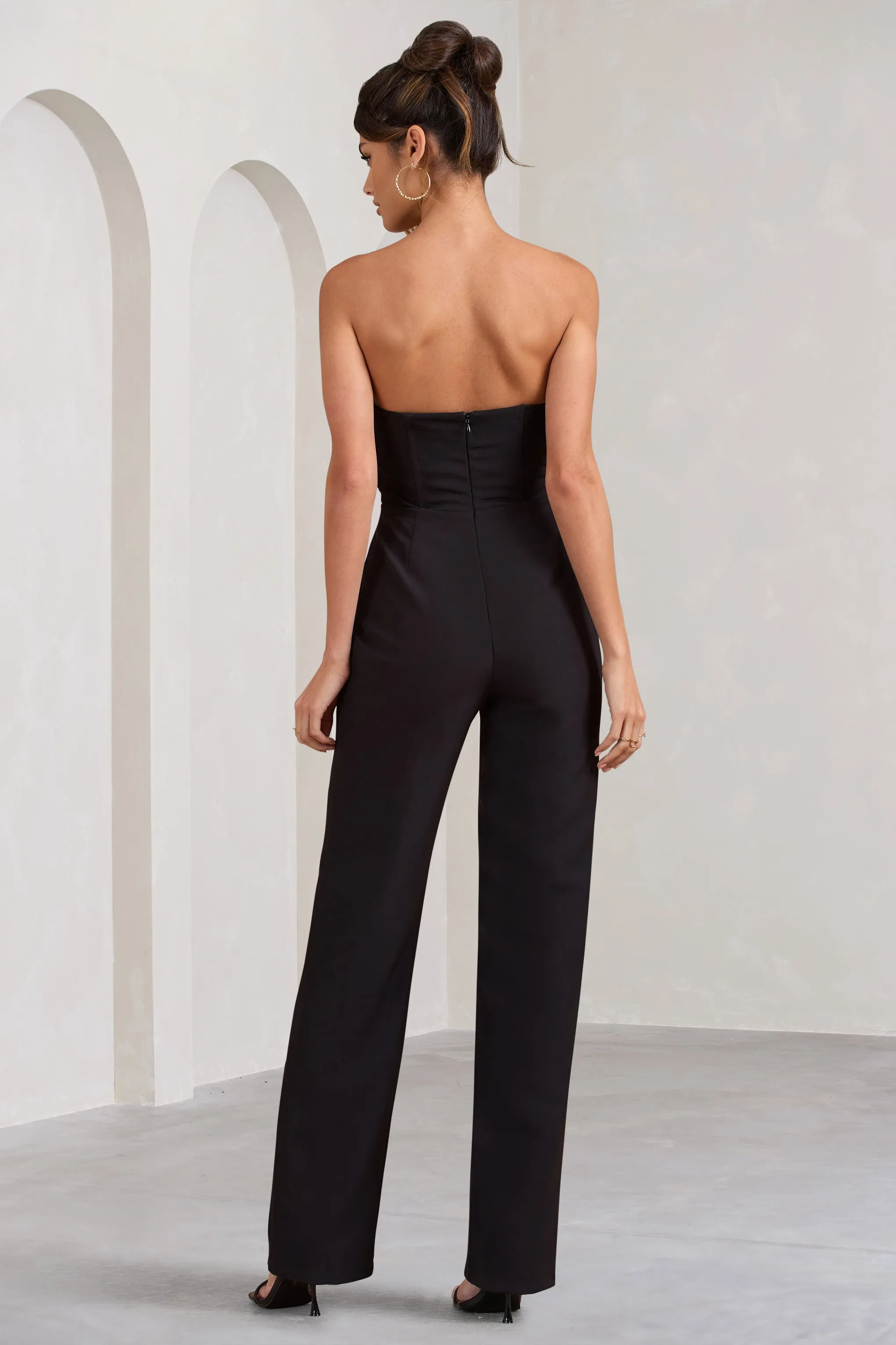 Bellezza | Black Bandeau Corset Wide Leg Jumpsuit