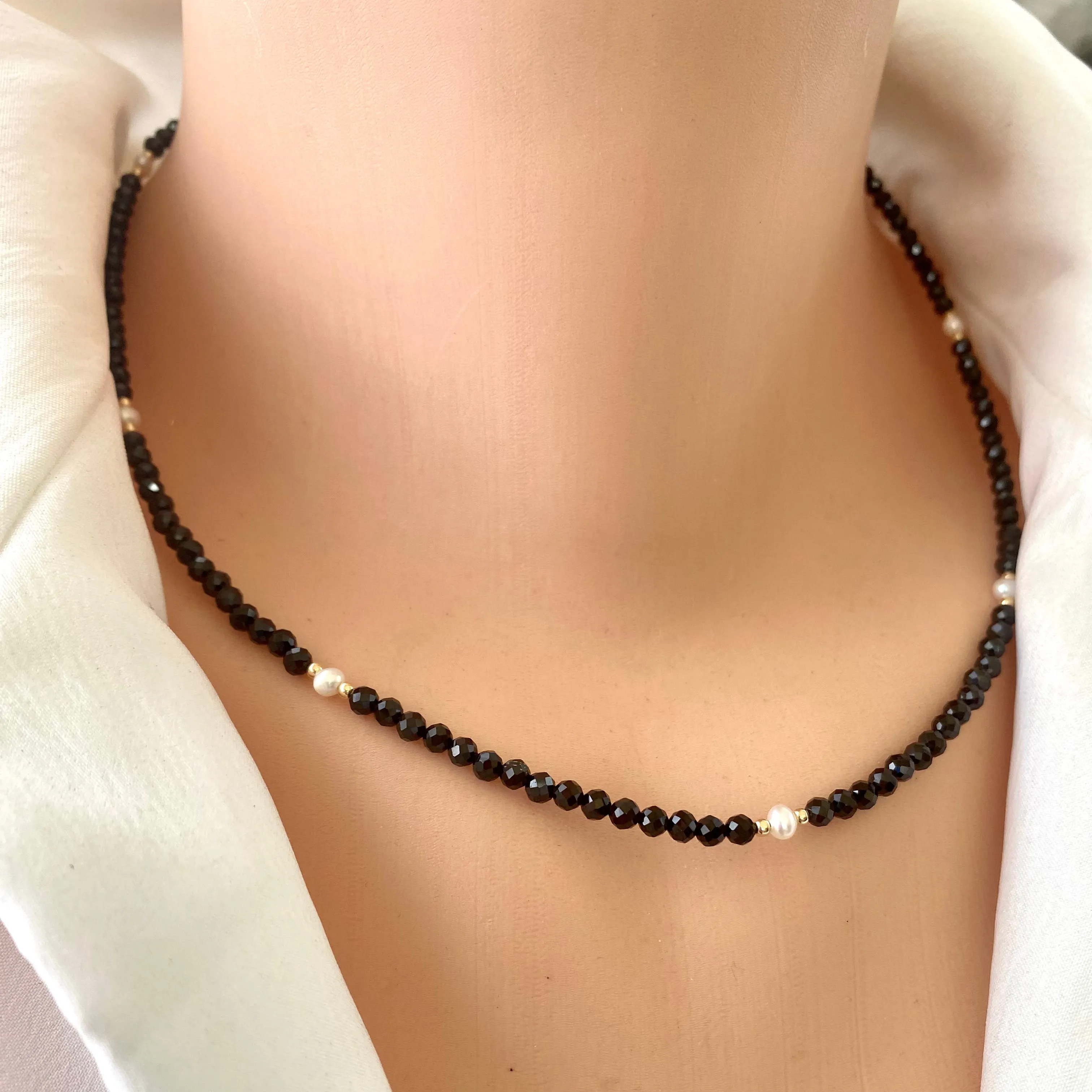 Black Spinel & Freshwater Pearls Choker Necklace, Gold Filled, Minimalist Jewelry, 15.5 or 18In