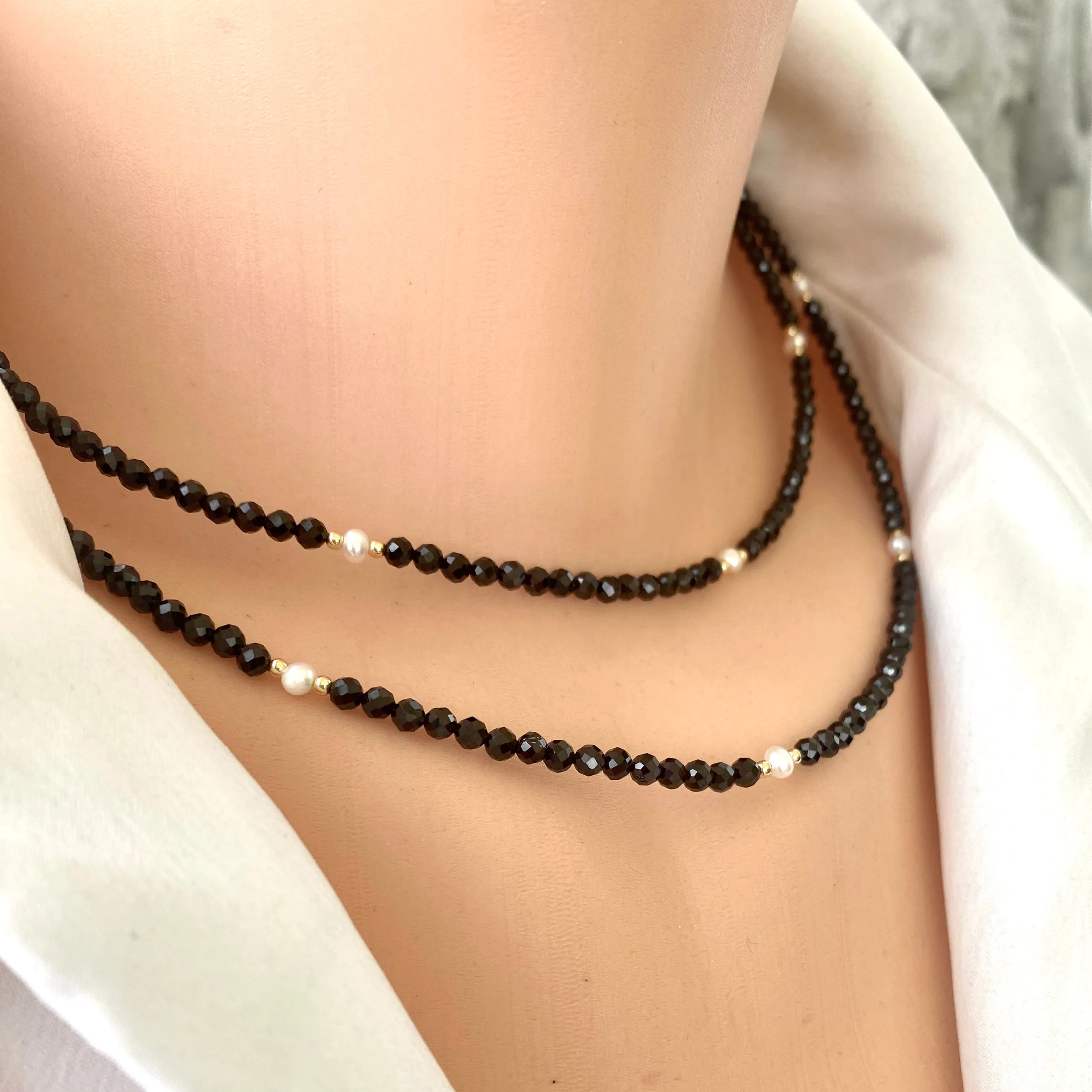 Black Spinel & Freshwater Pearls Choker Necklace, Gold Filled, Minimalist Jewelry, 15.5 or 18In