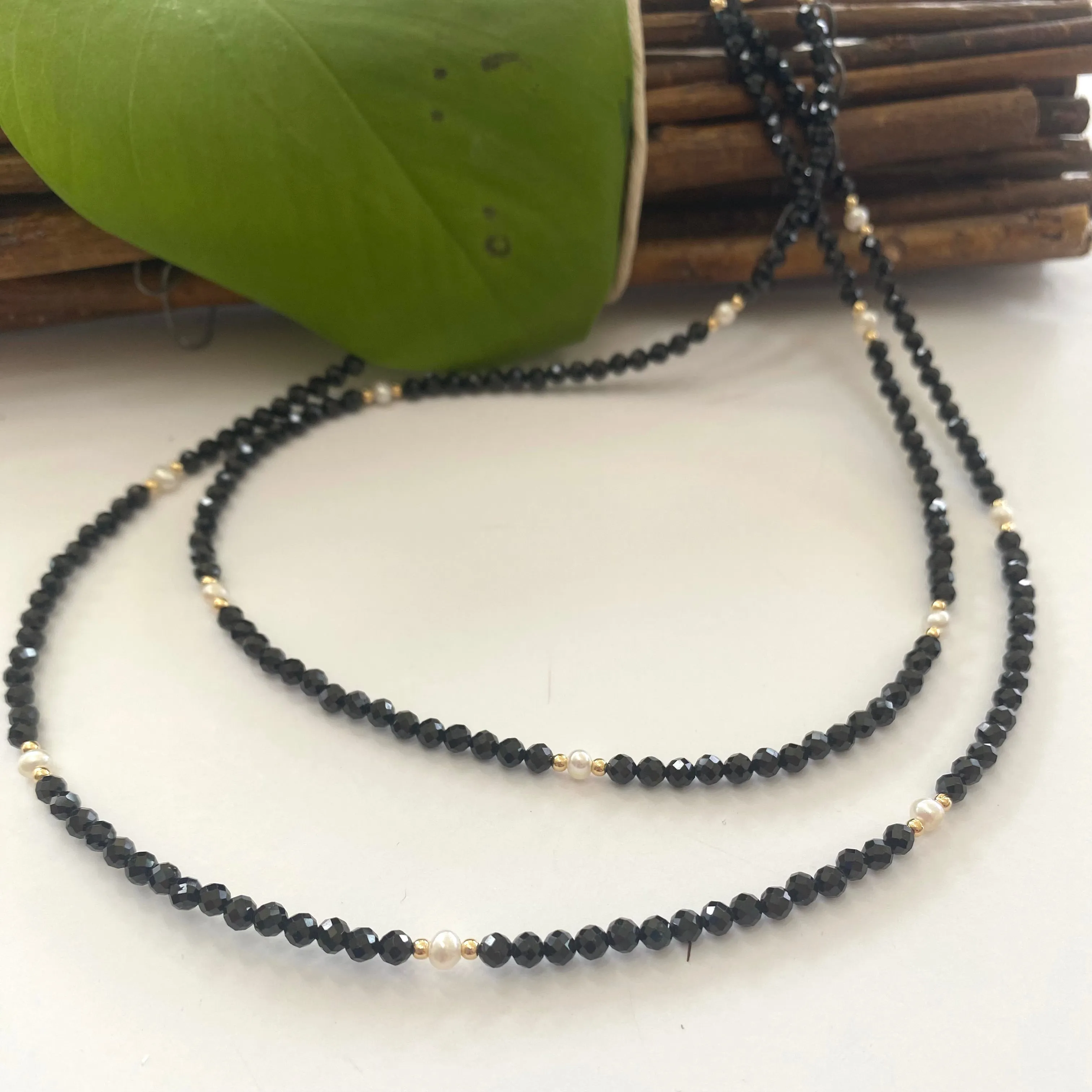 Black Spinel & Freshwater Pearls Choker Necklace, Gold Filled, Minimalist Jewelry, 15.5 or 18In