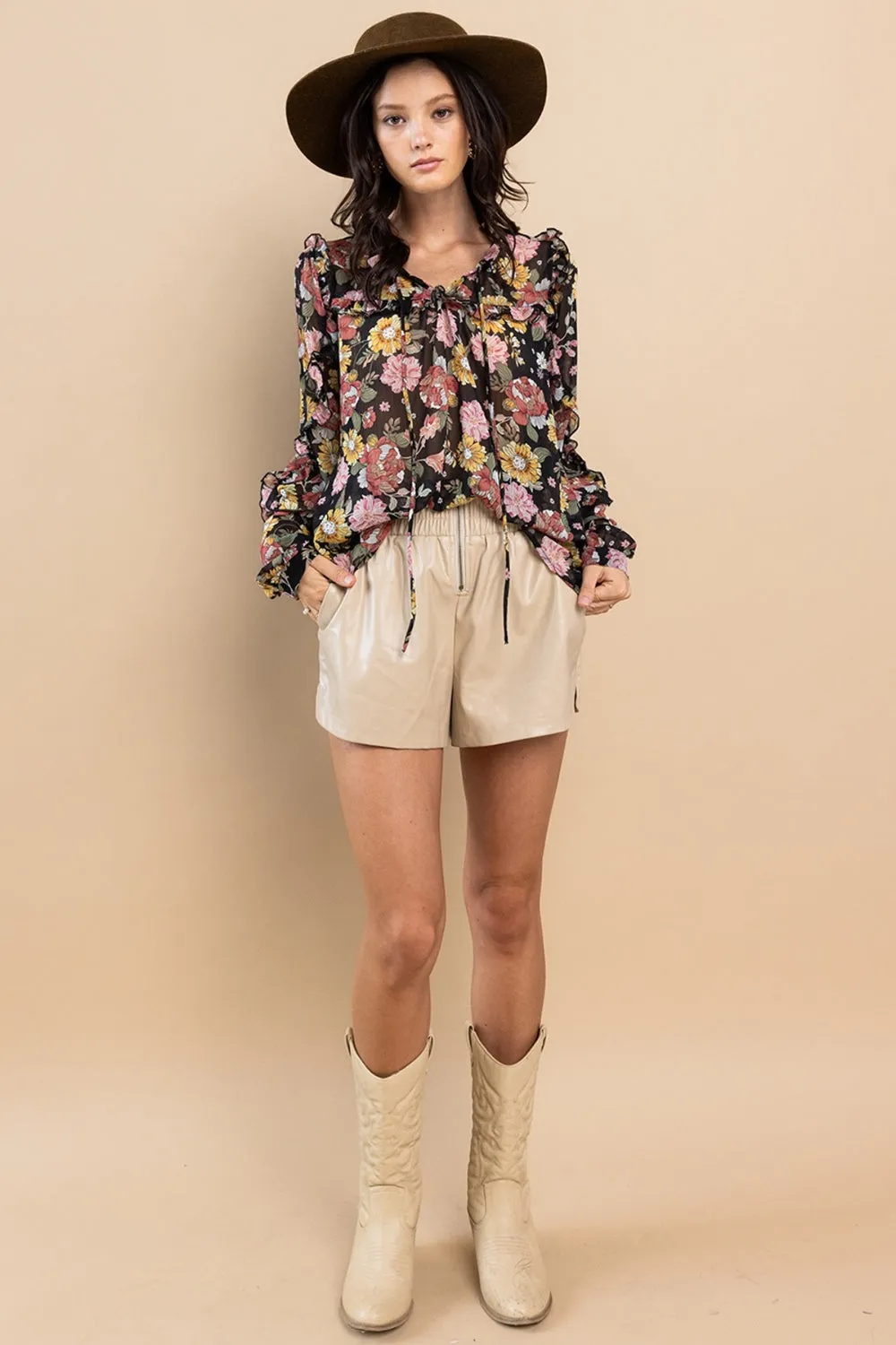 Bohemian Feminine Blouse Ces Femme Ruffle Trim Long Sleeve Floral Shirt