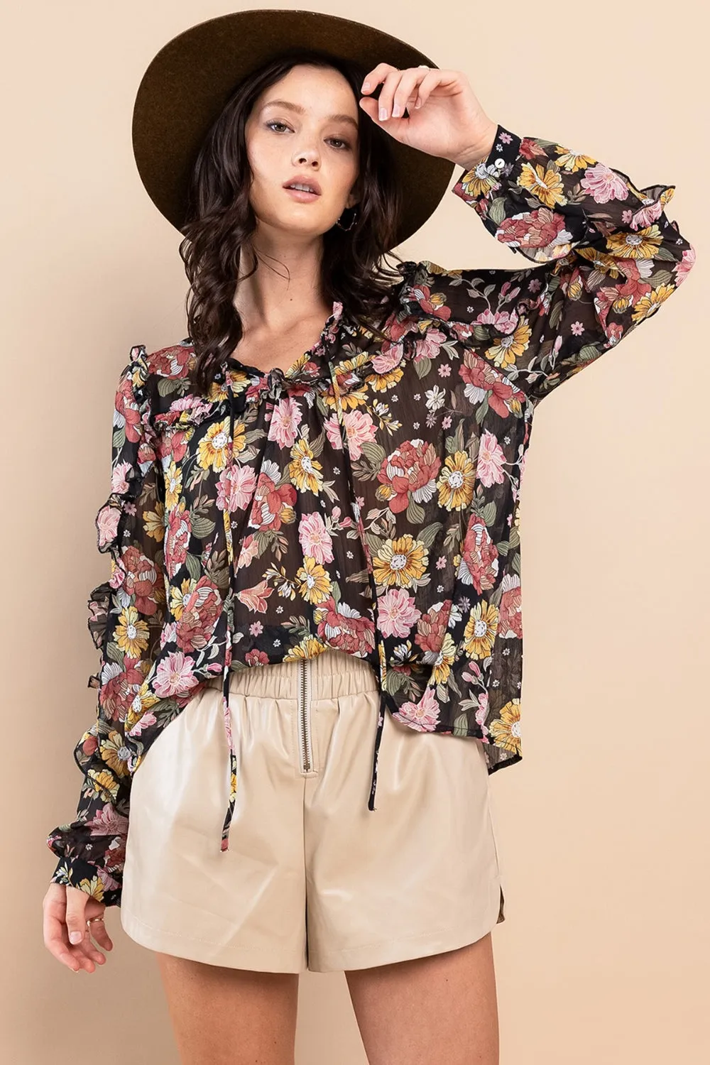 Bohemian Feminine Blouse Ces Femme Ruffle Trim Long Sleeve Floral Shirt